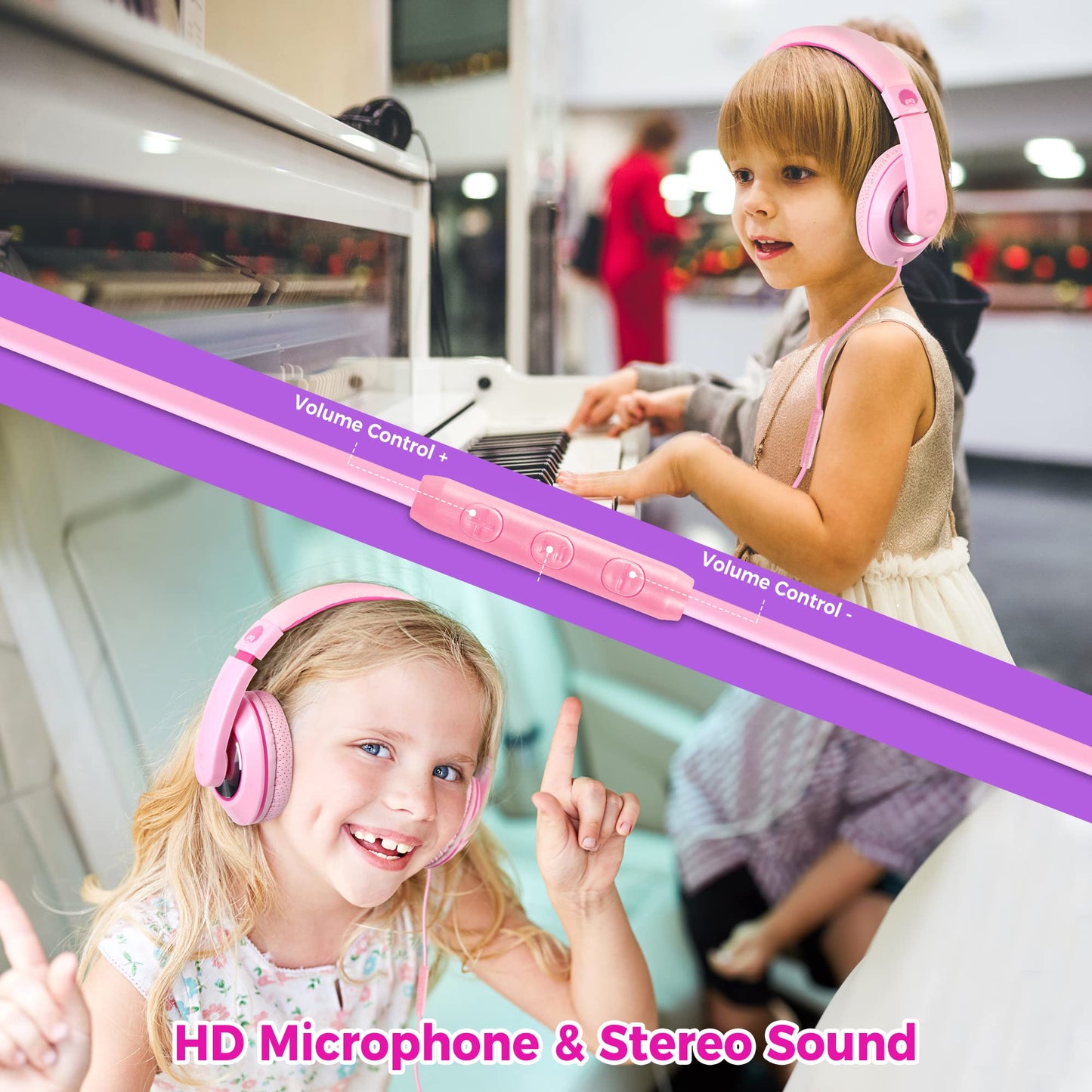 rockpapa Comfort+ Kids Headphones with Microphone and Volume Control, Boys Girls Student Over-Ear Headphones Wired for School Classroom Laptop PC Computer Tablet Pink