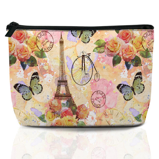 BIGXIUKA Vintage Paris Tower Makeup Bag Travel Cosmetic Bag for Women,Rose Flowers Small Make up Pouch Travel Bags for Toiletries Aesthetic Accessories Waterproof Gifts