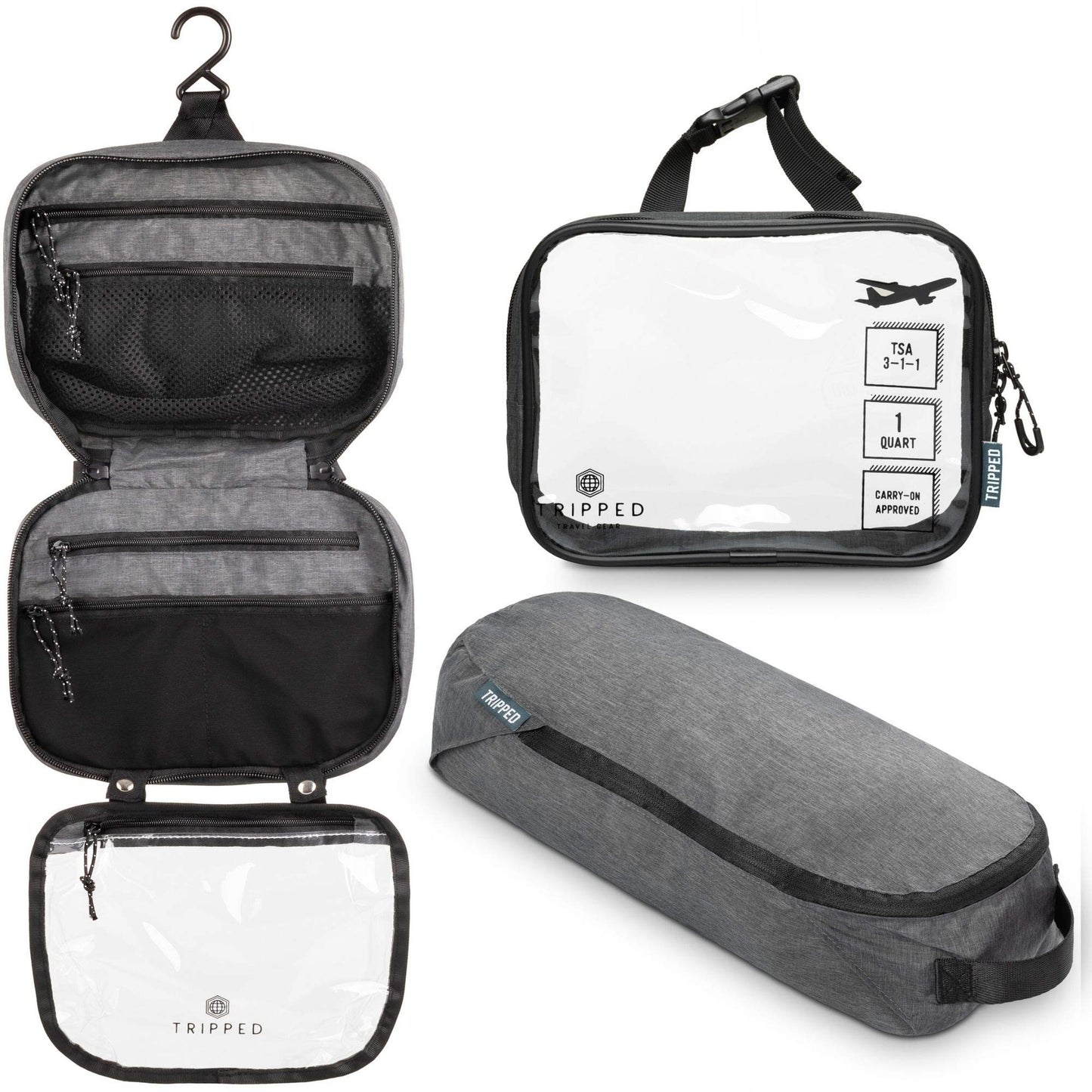 Versatile Travel Toiletry Bag Set with TSA Liquid Bag and Organizer (Grey)