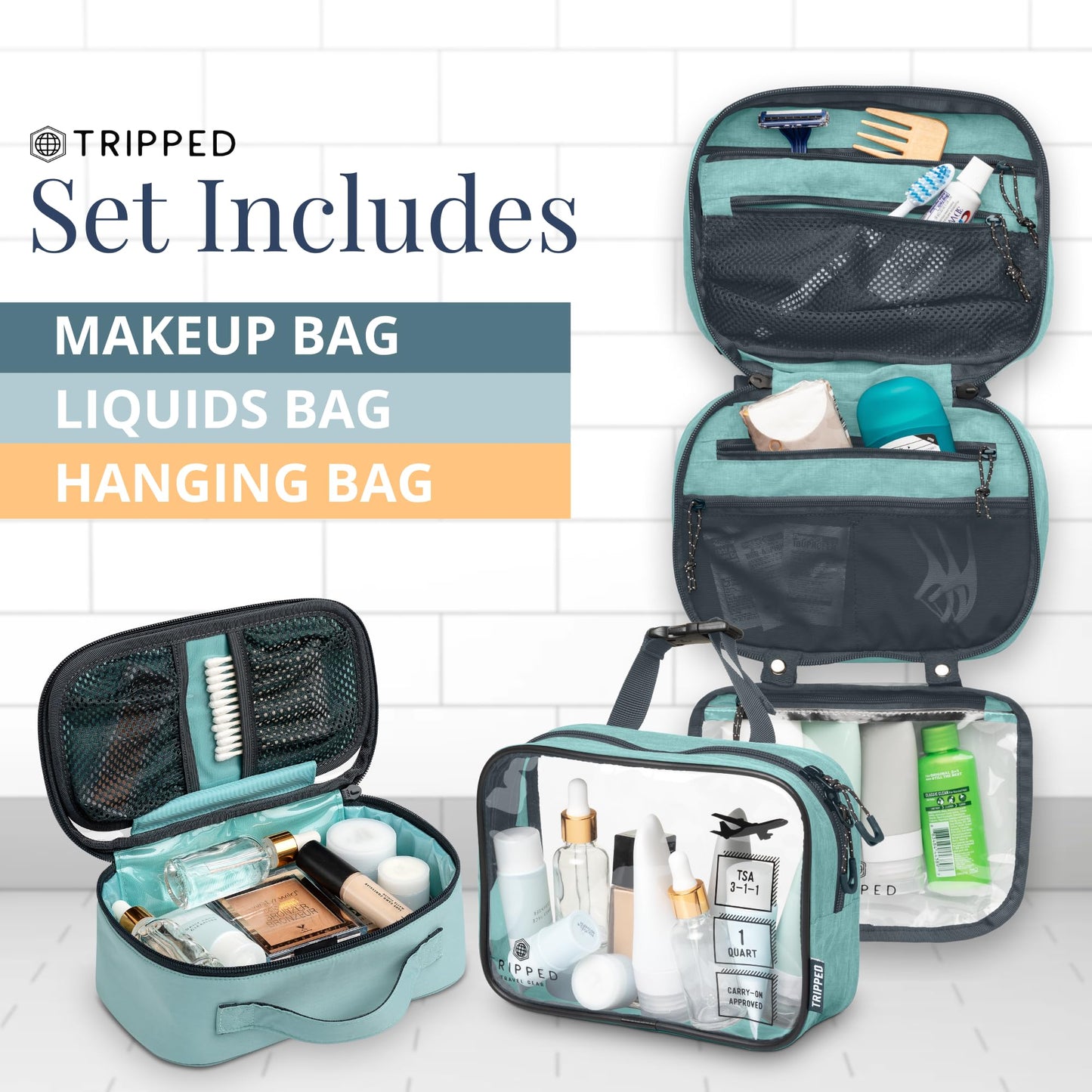 Comprehensive 3-Piece Toiletries Bag Set for Versatile Travel Needs (Dusty Teal)