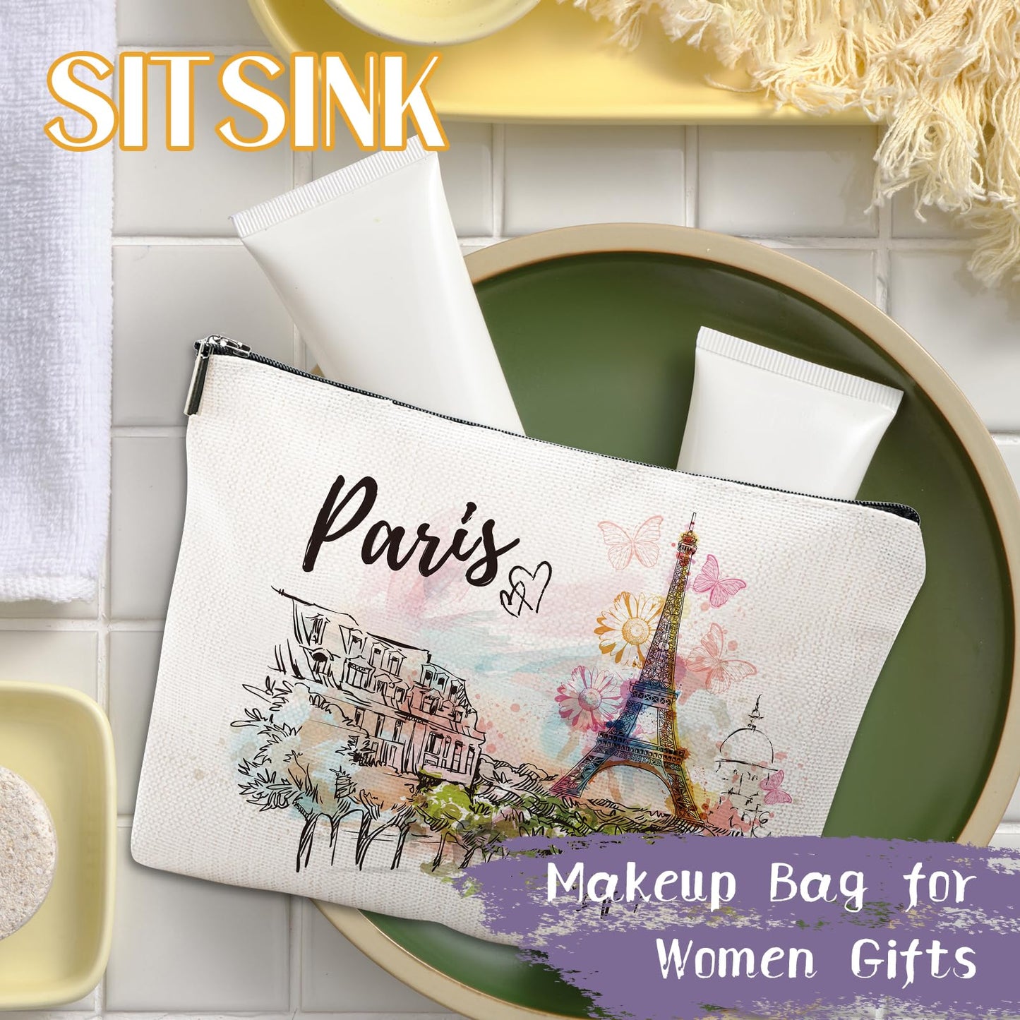 Sitsink Paris Souvenirs Travel Essentials - Eiffel Tower Paris Souvenirs from France, Paris Gifts for Women Small Cosmetic Bag for Purse, Paris Travel Must Haves Small Makeup Bag Gifts for Girls