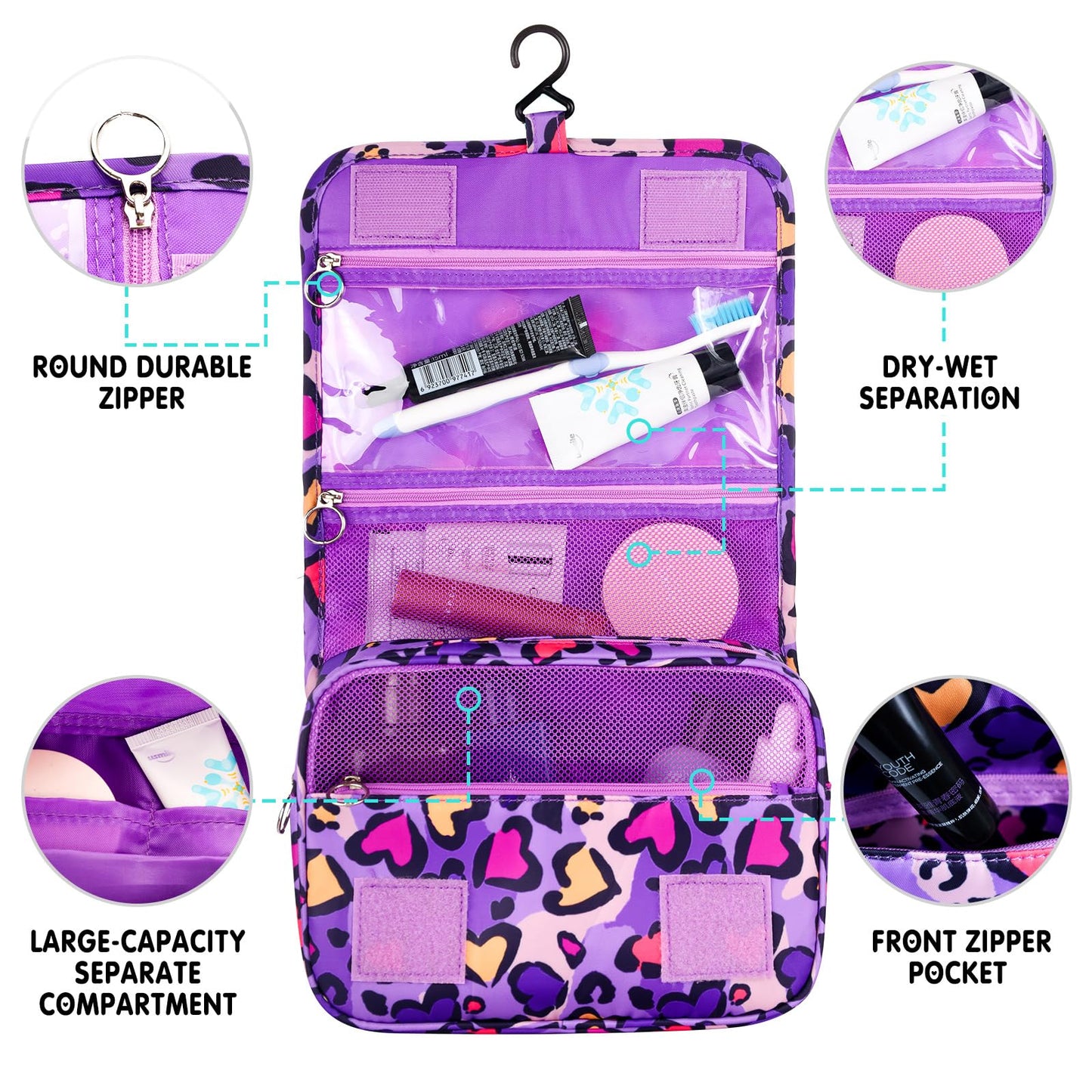 Vipdeal Kids Hanging Toiletry Bag for Girls, Travel Toiletry Bag for Little Young Girls Cosmetic Makeup Waterproof Wash Bag Toddler Traveling Toiletries, Leopard Purple