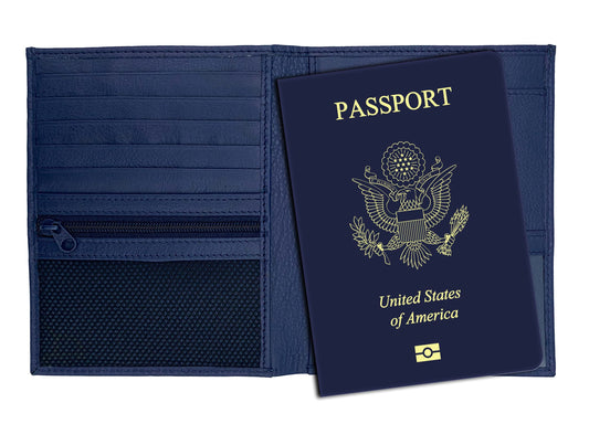 Leather RFID-Shielding Passport Holder and Wallet (Navy Blue)