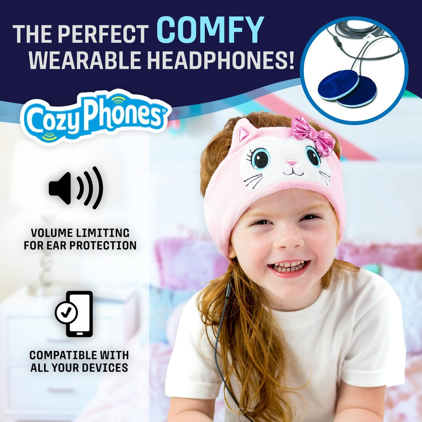 CozyPhones Over The Ear Headband Headphones - Kids Headphones Volume Limited with Thin Speakers & Super Soft Fleece Headband - Pink Kitty