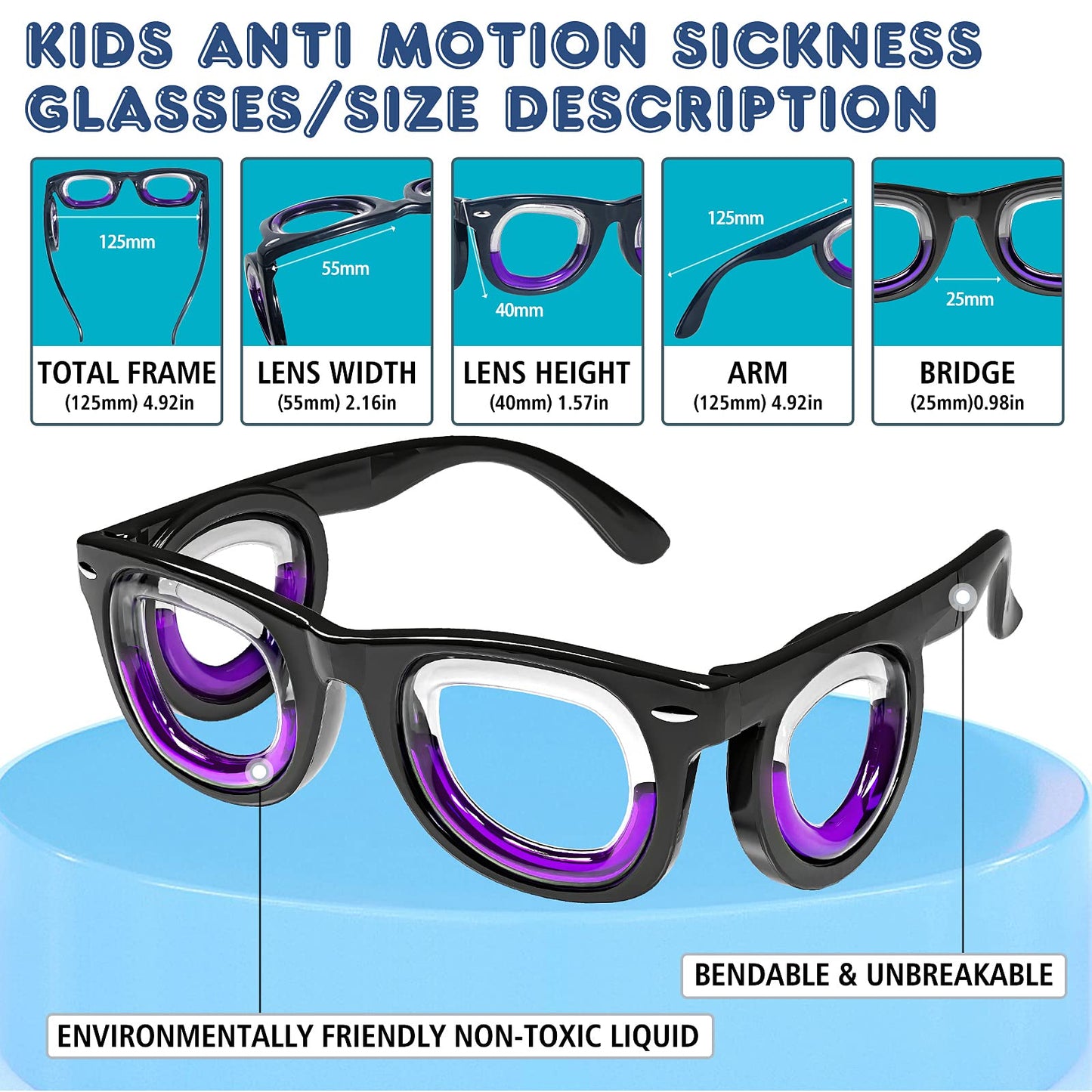 Hion Kids Anti- Motion Sickness Smart Glasses, Ultra-Light Portable Nausea Relief Liquid Glasses, Carsickness Airsickness Seasickness Glasses, Kids Travel/Cruise Essentials