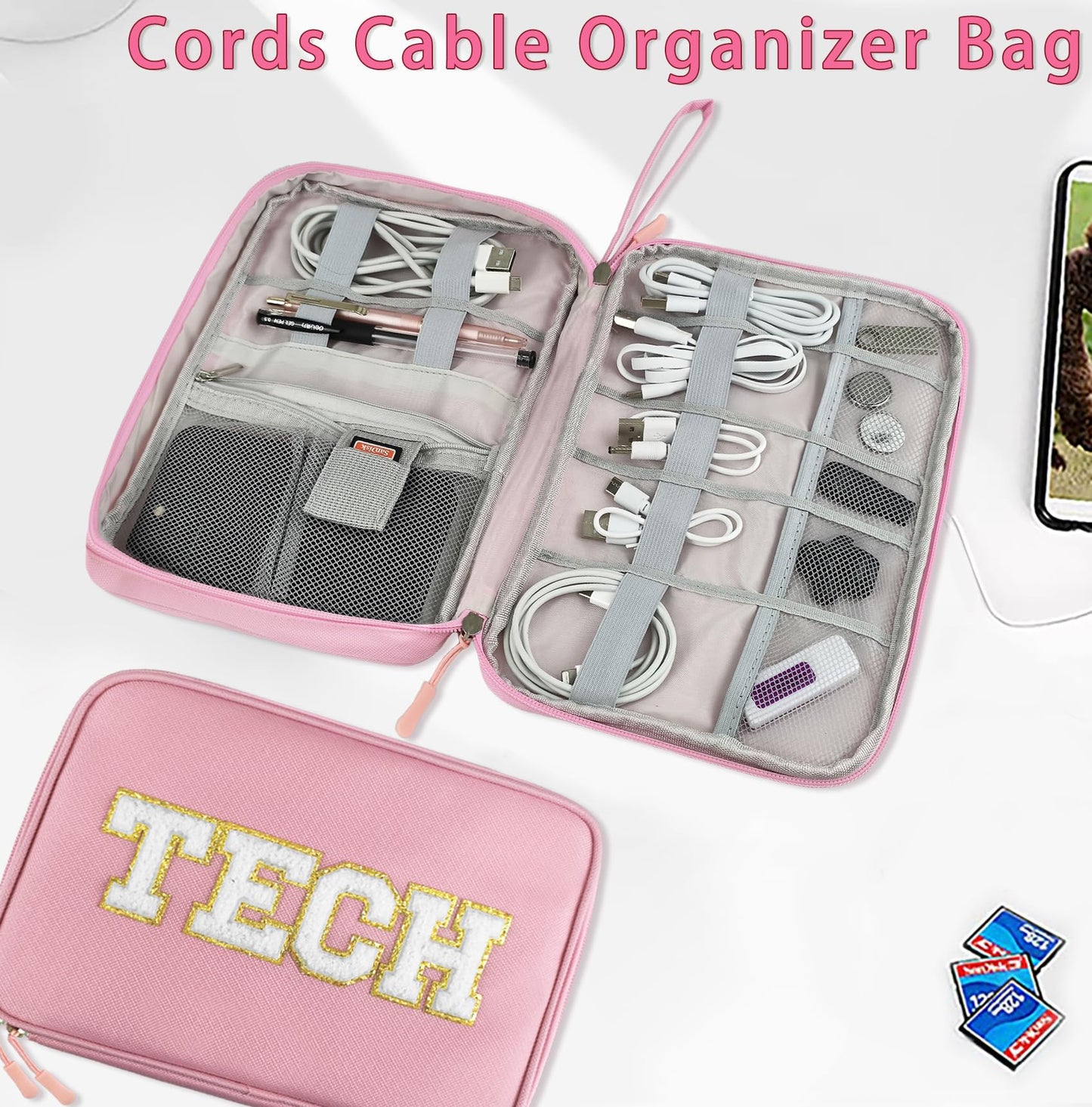 COSHAYSOO Electronics Bag TECH Case Cable Cords Organizer Travel Essentials for Women College Teen Girls Vacation Dorm Accessories Preppy Personalized Gift (Large Pink)