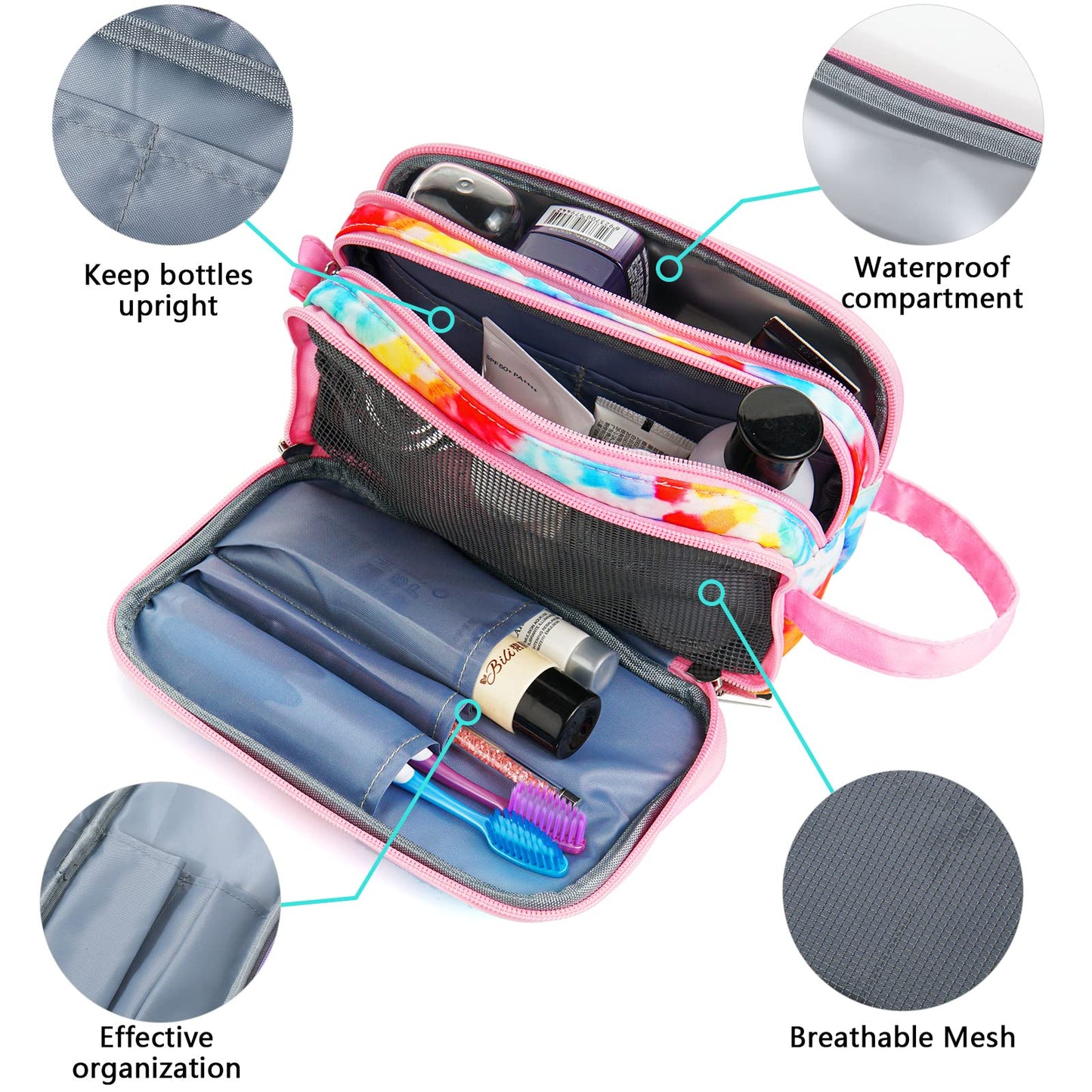 Vipdeal Kids Toiletry Bag for Girls, Travel Toiletry Bag for Little Young Girls Cosmetic Bag Makeup Bag Waterproof Hanging Wash Bag Toddler Toiletries, Tie Dye Pink