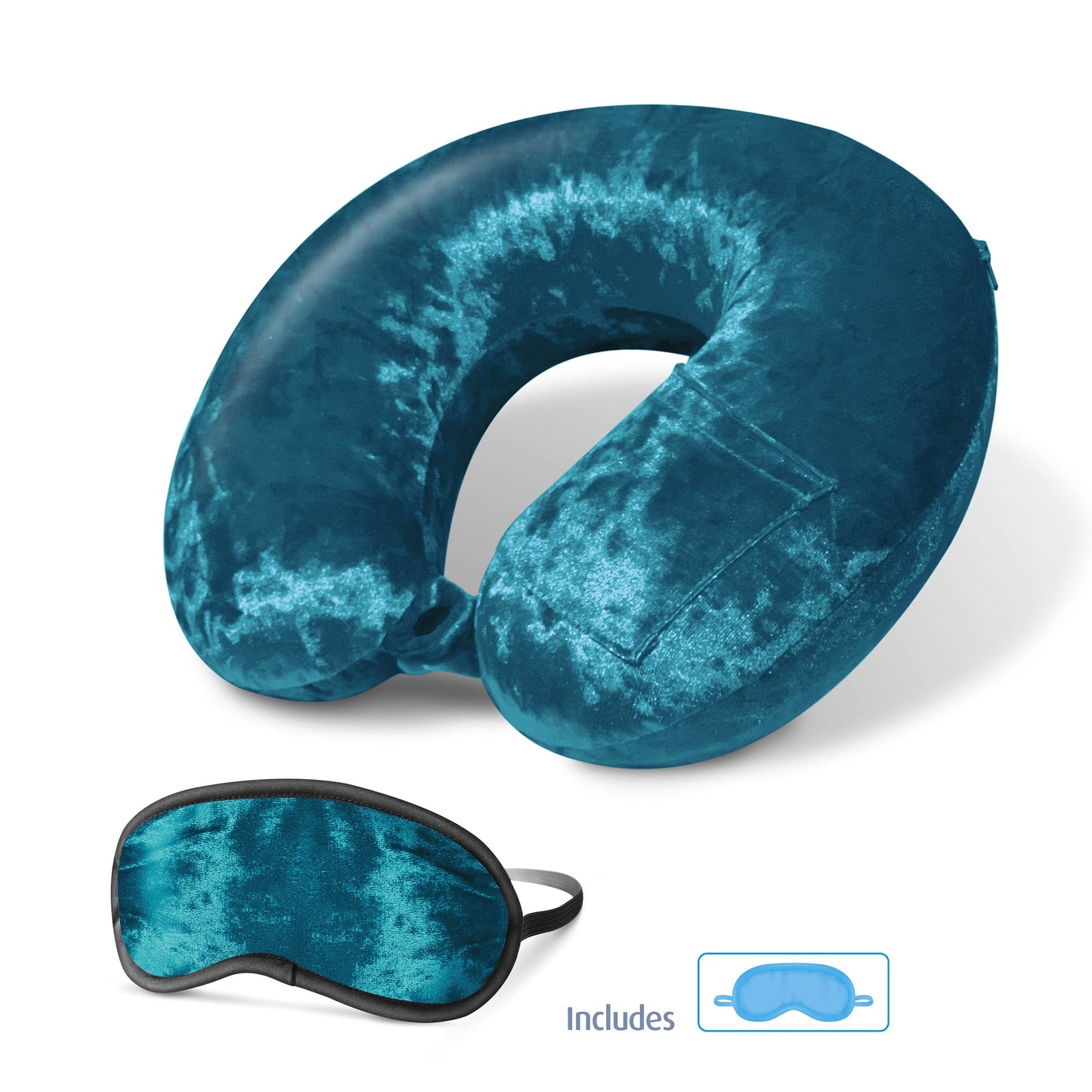 Cloudz Luxe Crushed Velvet Memory Foam Neck Pillow with Sleep Mask - Teal