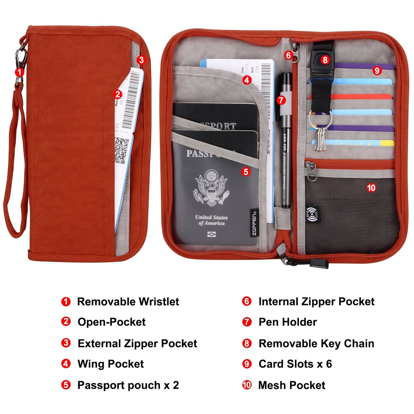 ZOPPEN Passport Holder Family Women/Men, Travel Wallet RFID Passport Wallet Travel Essentials Documents Organizer Zipper Case with Removable Wristlet Strap, Orange