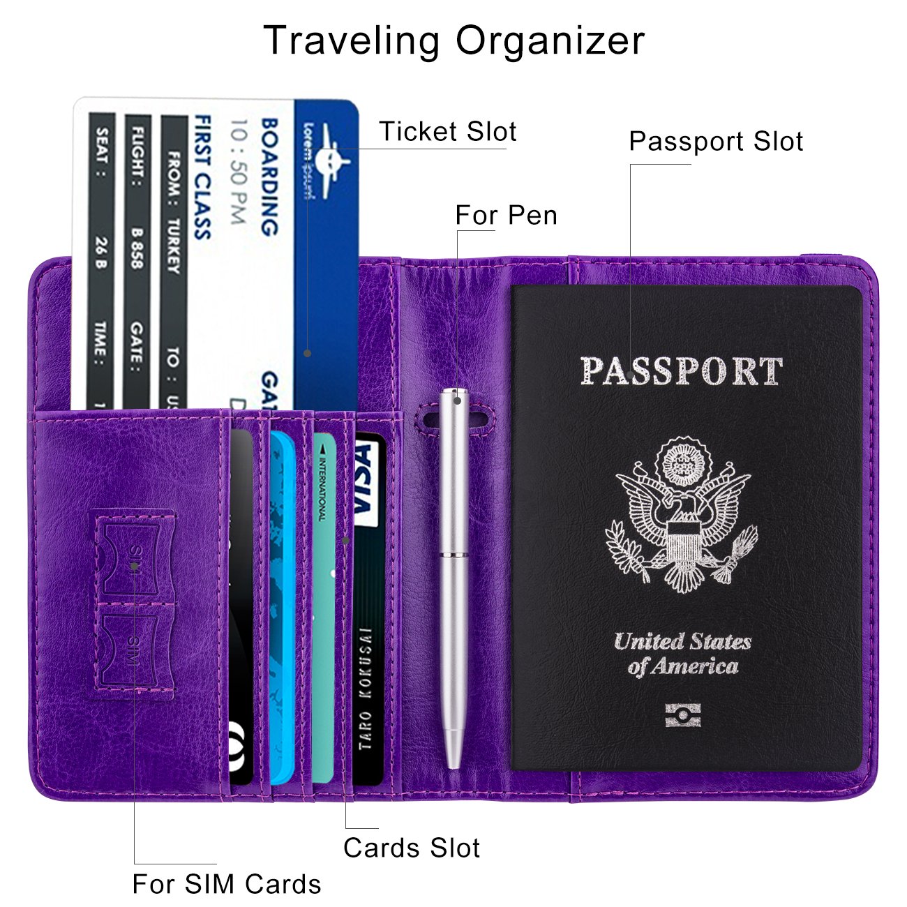 Travel Passport Wallet with RFID Shielding and Pen Slot (Purple)