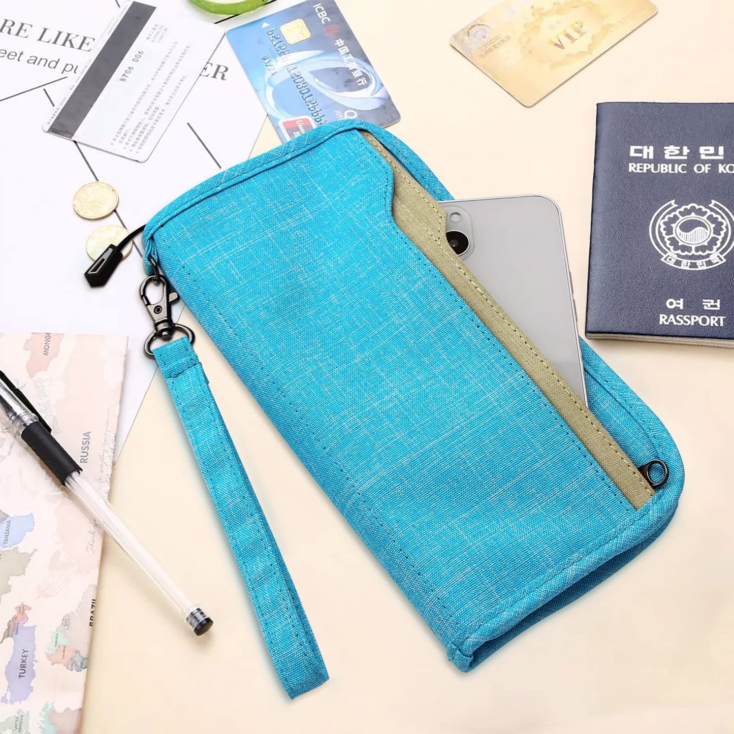 ZOPPEN Passport Wallet, Nylon Material, Includes Card Holders, RFID-Blocking, Lightweight, Cyan Color, Unisex