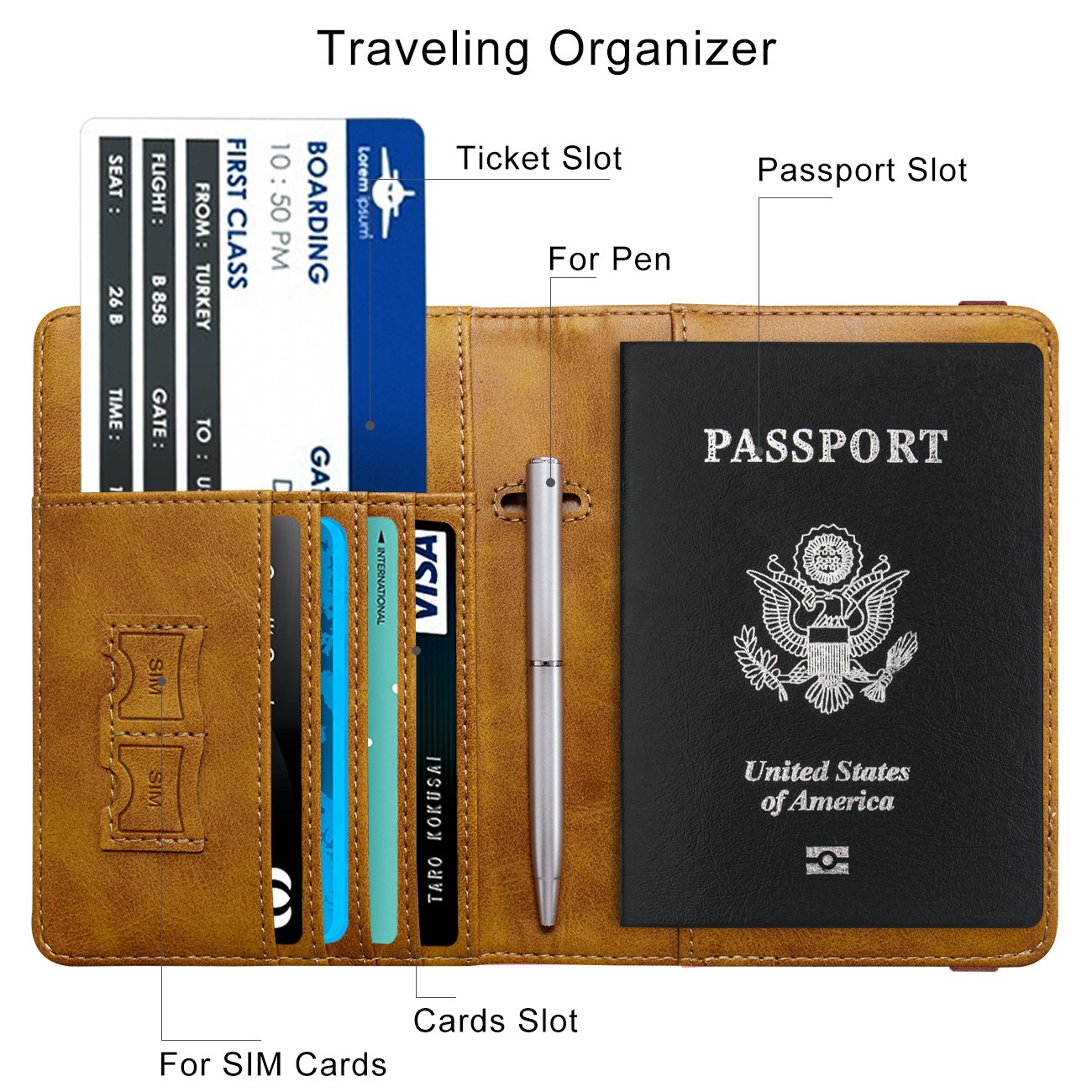 Travel Passport Wallet with RFID Shielding and Pen Slot (Brown)