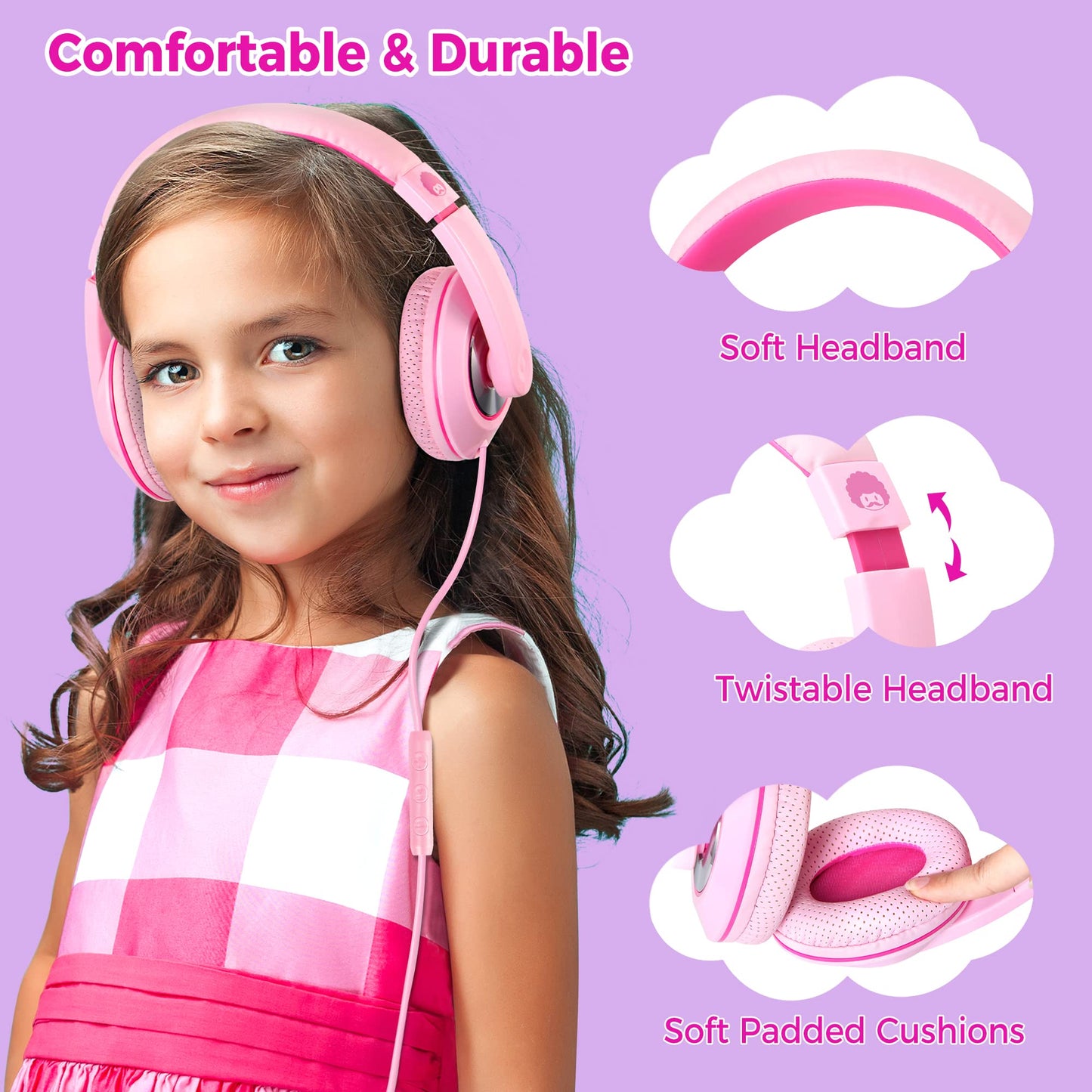 rockpapa Comfort+ Kids Headphones with Microphone and Volume Control, Boys Girls Student Over-Ear Headphones Wired for School Classroom Laptop PC Computer Tablet Pink