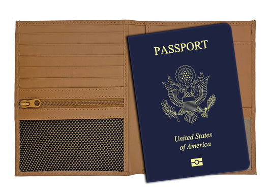 Leather RFID-Shielding Passport Holder and Wallet (Light Brown)