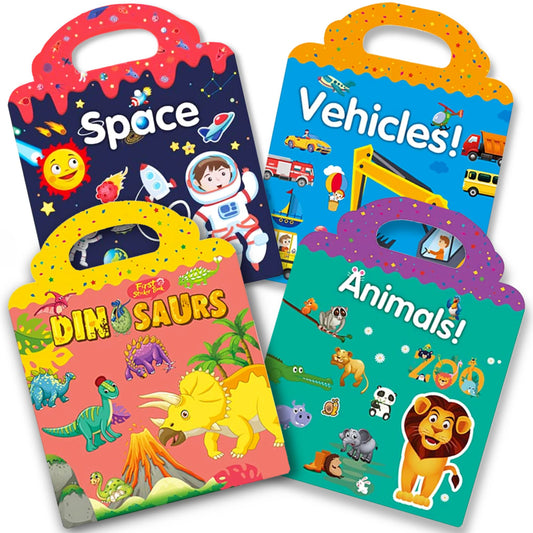 Reusable Quiet Sticker Books for Kids & Toddlers, 4 Sets Travel Stickers Story Busy Books for Toddler 2-4 Years Birthday Gifts - Vehicle, Space, Dinosaur & Animals