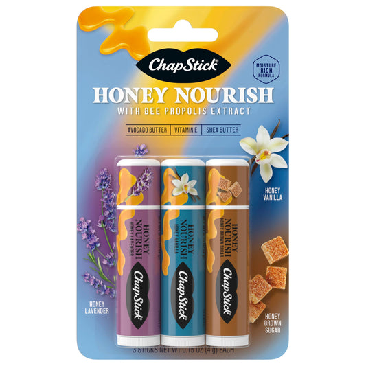 ChapStick Lip Balm Honey Nourish, Moisturizing Fomula with Shea Butter and Avocado Butter, Vitamin E, Flavors Honey Lavender, Honey Vanilla, Honey Brown Sugar, 3CT BC .45OZ