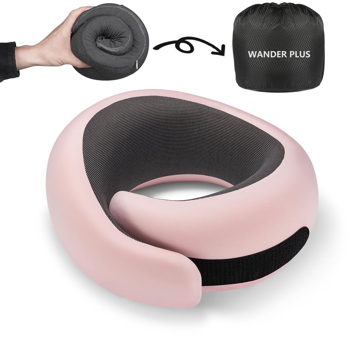 WANDER PLUS® Genuine Travel Pillow, 100% Pure Memory Foam Neck Pillow for Airplanes, Comfortable Breathable Cover, 360° Support Stowable Pillows for Sleeping, Car, Airport Travel Essentials Pink