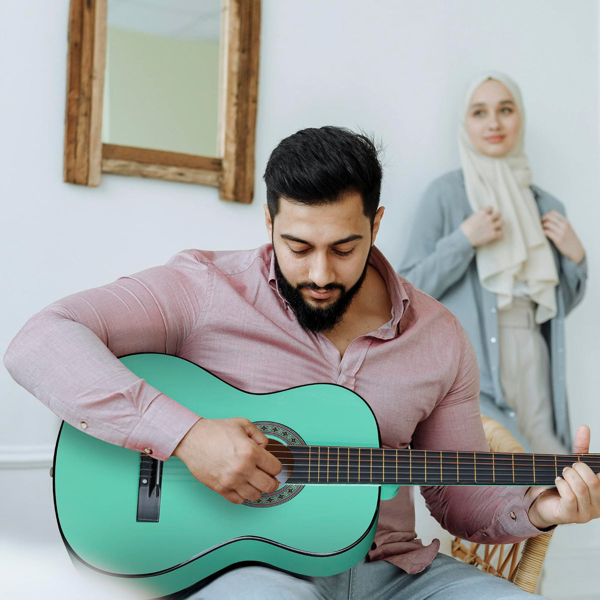 ADM Beginner Acoustic Classical Guitar 38 Inch Nylon Strings Wooden Guitar Bundle Kit for Kid Boy Girl Student Youth Guitarra Online Lessons with Gig Bag, Strap, Tuner, Strings, Cyan Green