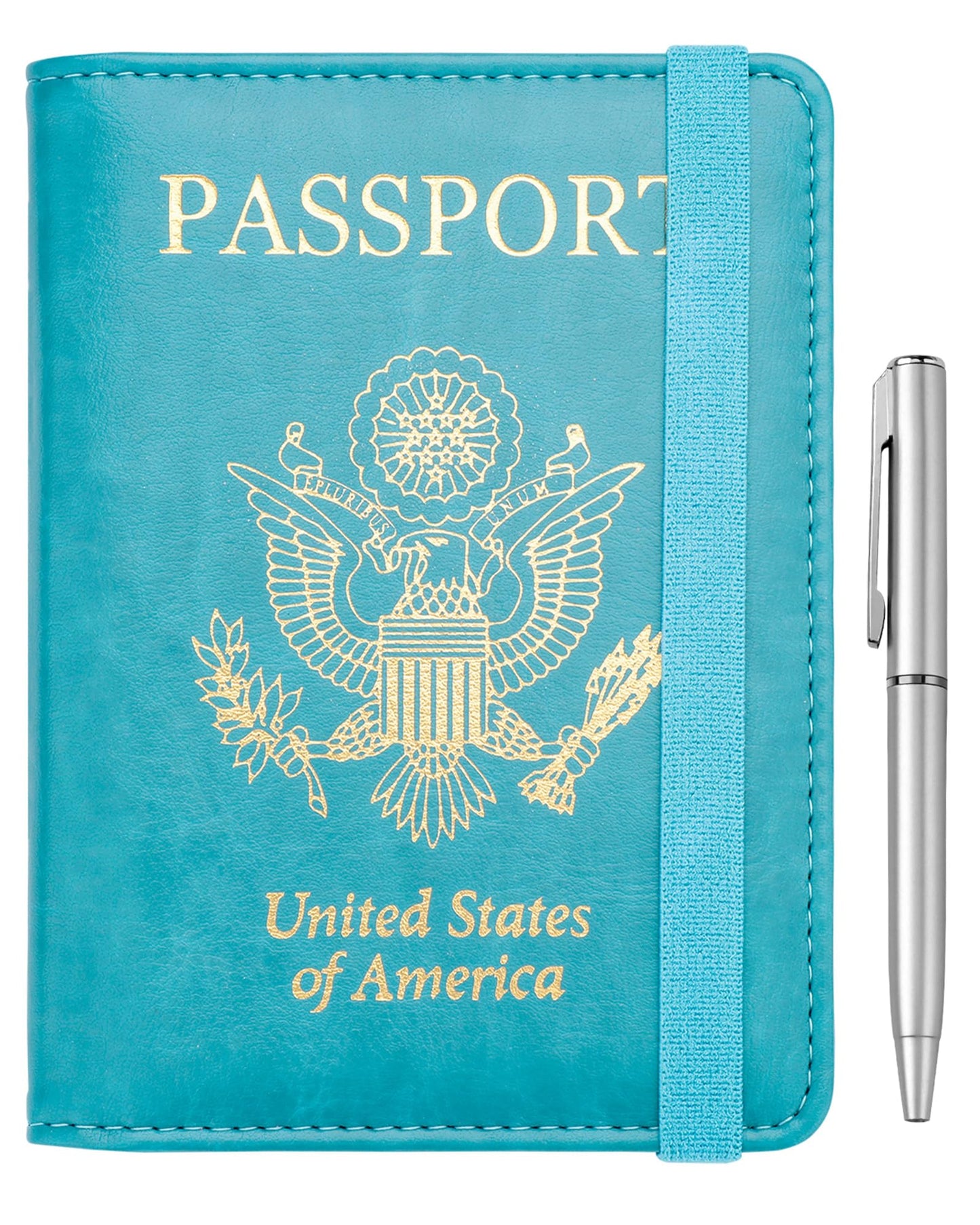 Travel Passport Wallet with RFID Shielding and Pen Slot (Turquoise Blue with Gold Text)