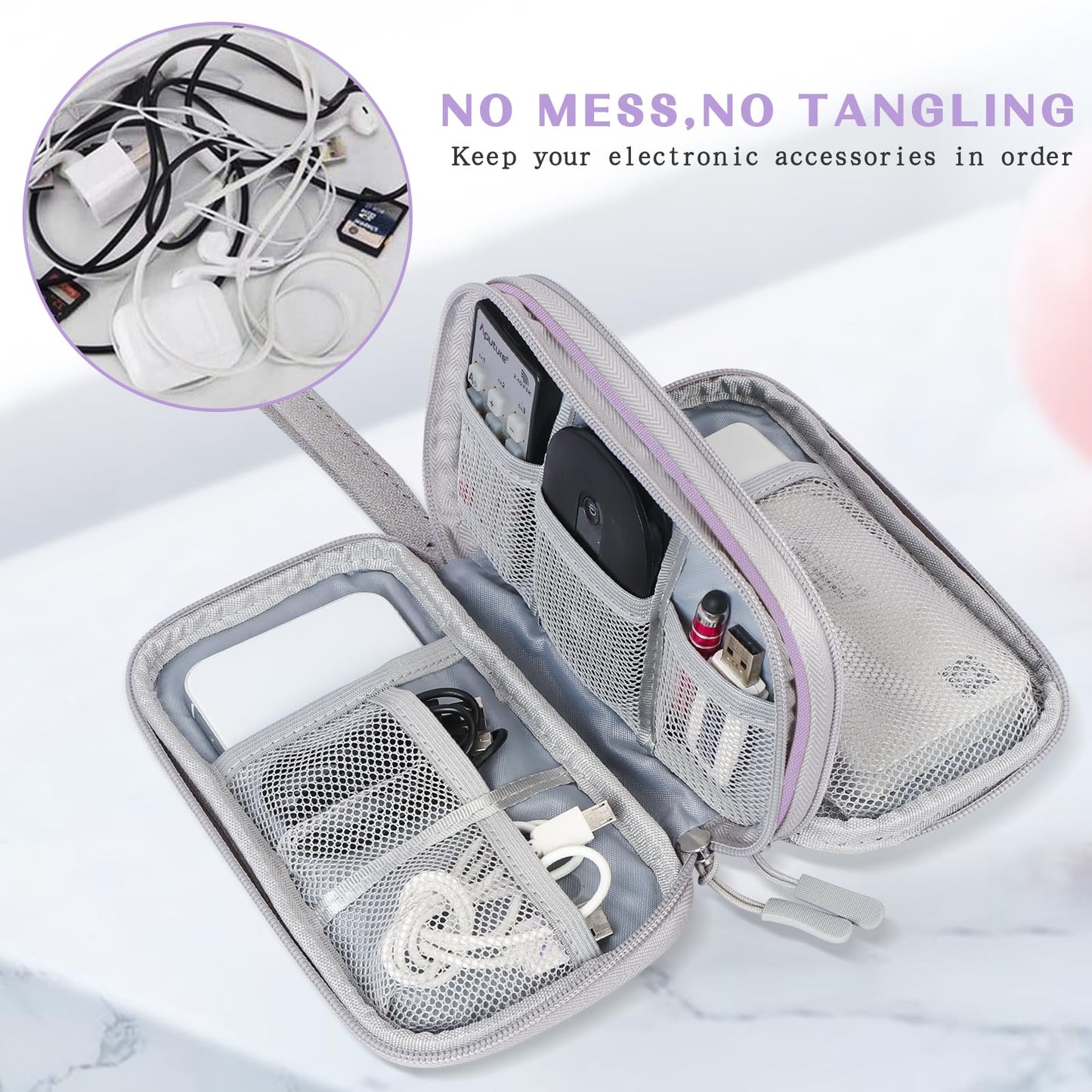 FYY Electronic Organizer, Travel Cable Organizer Bag Pouch Electronic Accessories Carry Case Portable Waterproof Double Layers Storage Bag for Cable, Charger, Phone, Medium Size- Light Purple