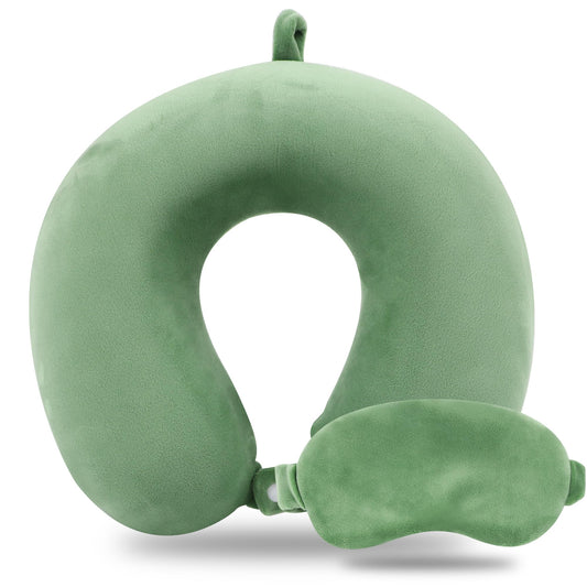 Sexysamba Pure Memory Foam Travel Pillow Set for Adults-Comfortable & Removable Machine Washable Cover, Neck Support Pillow Airplane Travel Kit with Eye Mask for Portable Plane Accessories-Green