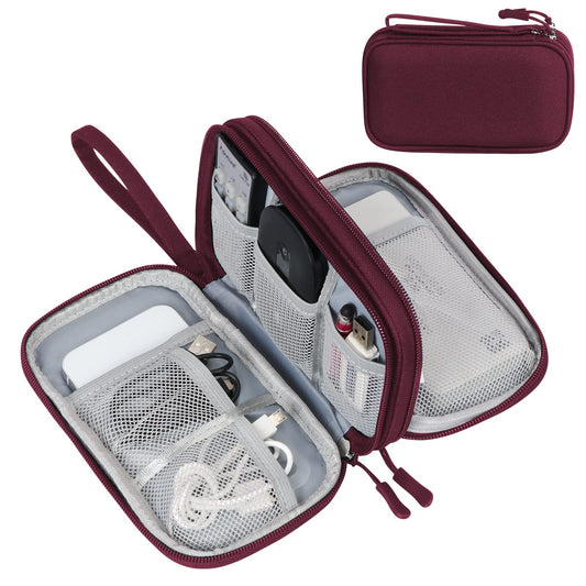 FYY Electronic Organizer, Travel Cable Organizer Bag Pouch Electronic Accessories Carry Case Portable Waterproof Double Layers Storage Bag for Cable, Charger, Phone, Earphone, Medium Size- Wine Red