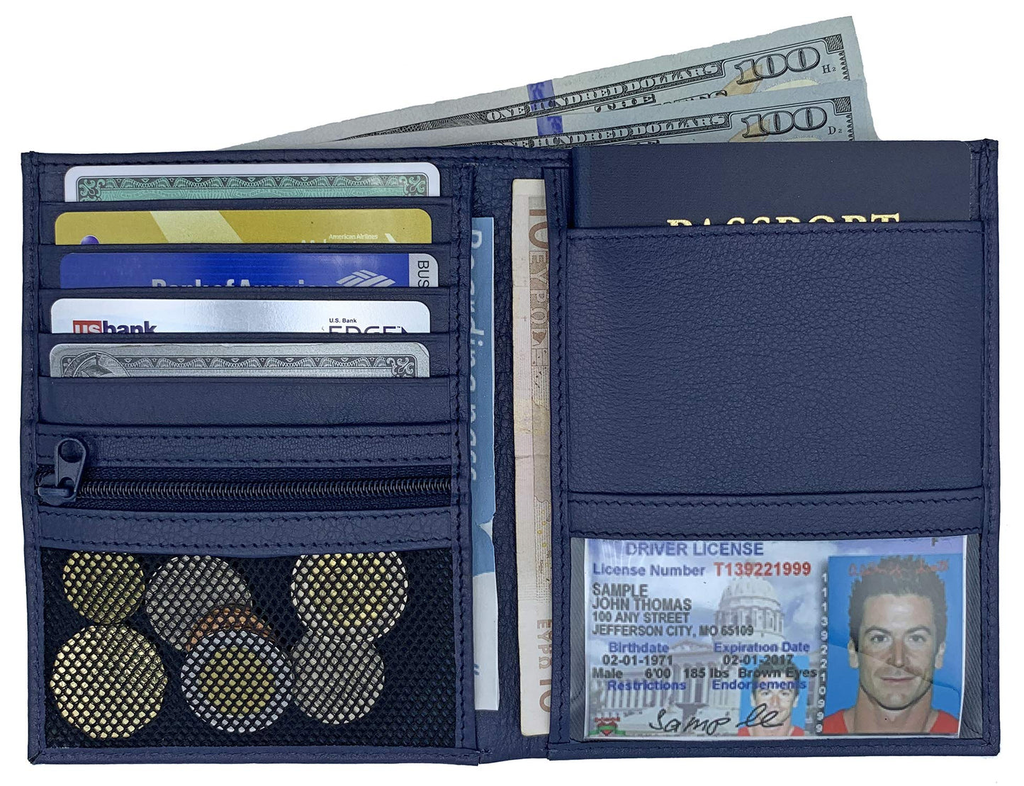 Leather RFID-Shielding Passport Holder and Wallet (Navy Blue)