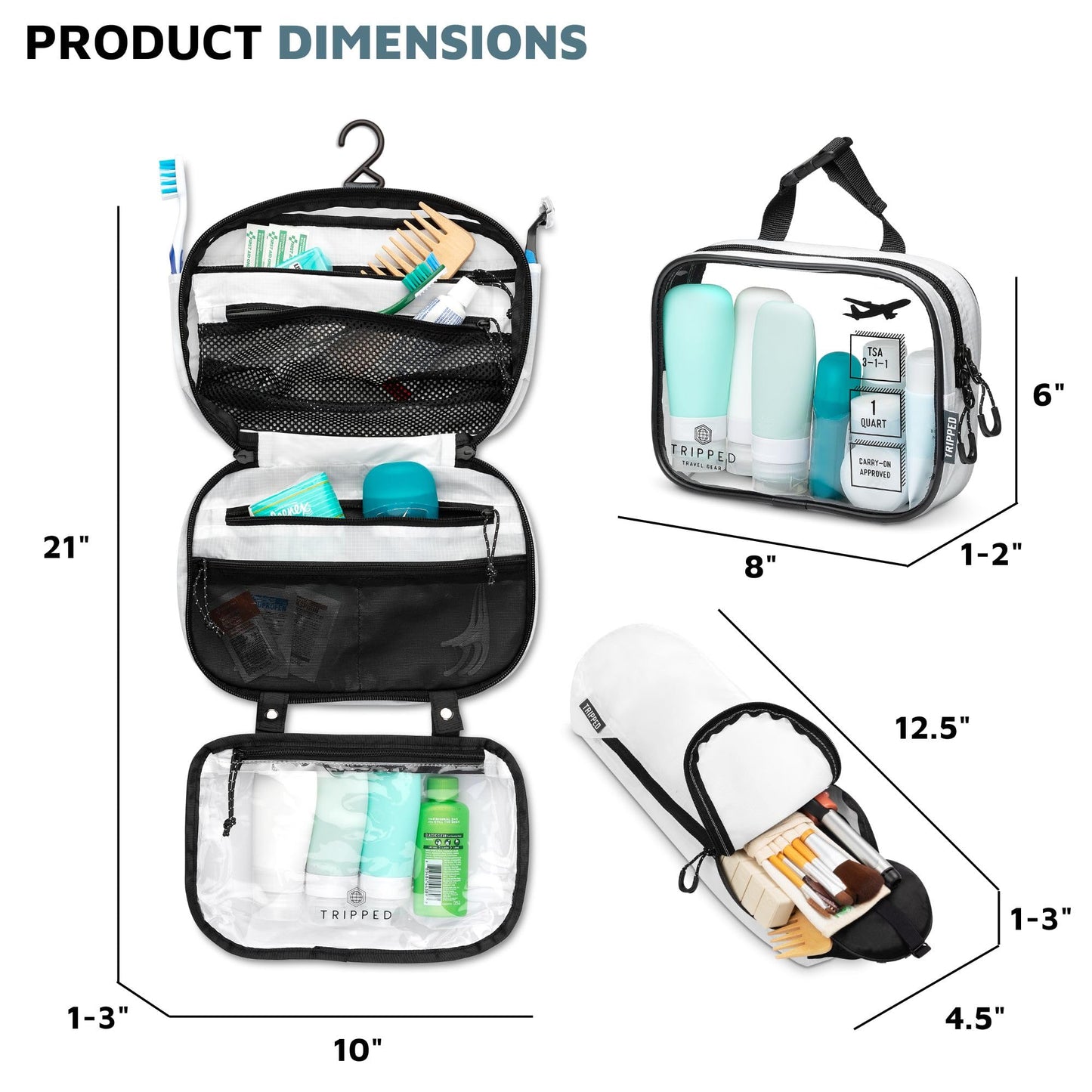 Versatile Travel Toiletry Bag Set with TSA Liquid Bag and Organizer (White)