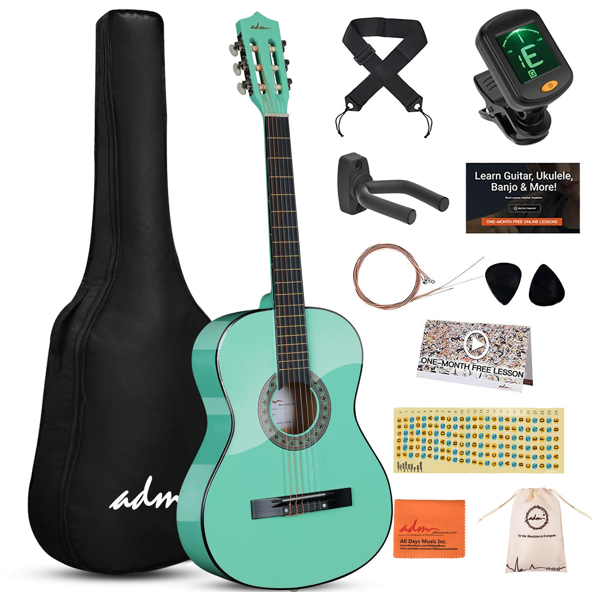 ADM Beginner Acoustic Classical Guitar 38 Inch Nylon Strings Wooden Guitar Bundle Kit for Kid Boy Girl Student Youth Guitarra Online Lessons with Gig Bag, Strap, Tuner, Strings, Cyan Green