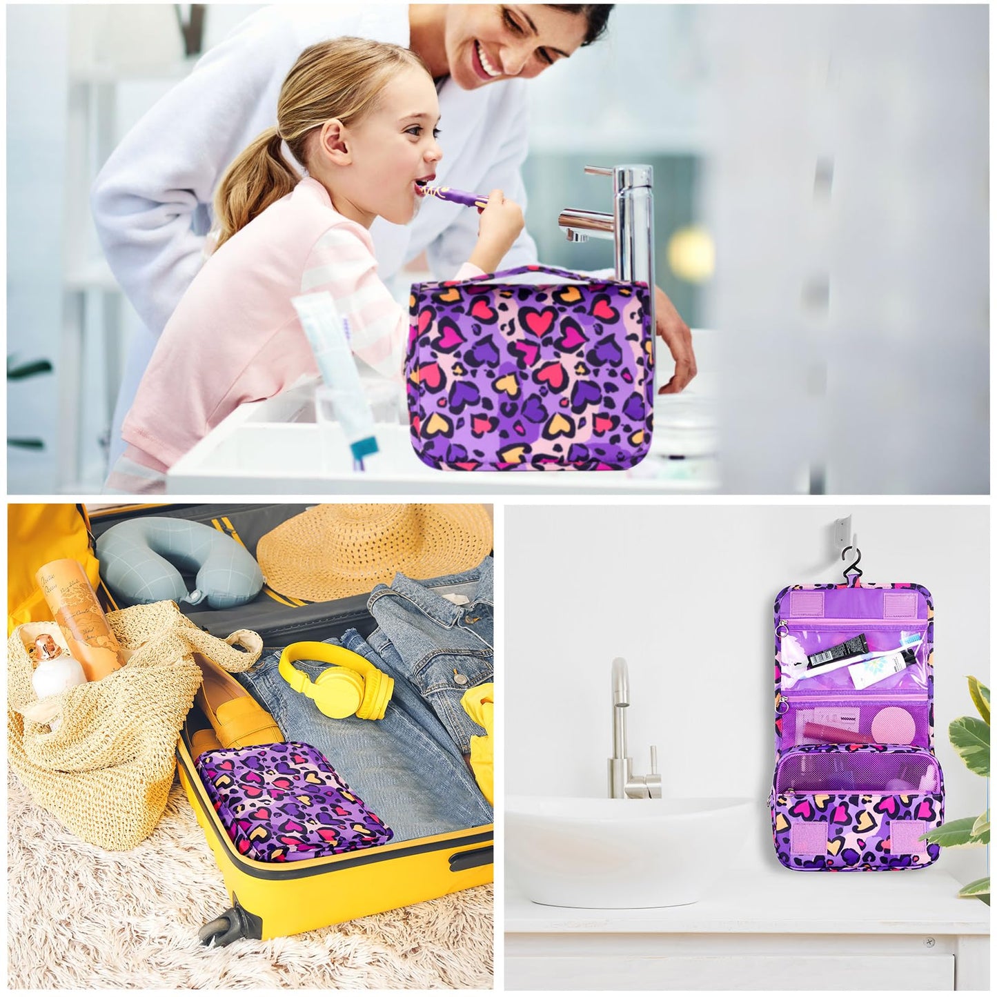 Vipdeal Kids Hanging Toiletry Bag for Girls, Travel Toiletry Bag for Little Young Girls Cosmetic Makeup Waterproof Wash Bag Toddler Traveling Toiletries, Leopard Purple