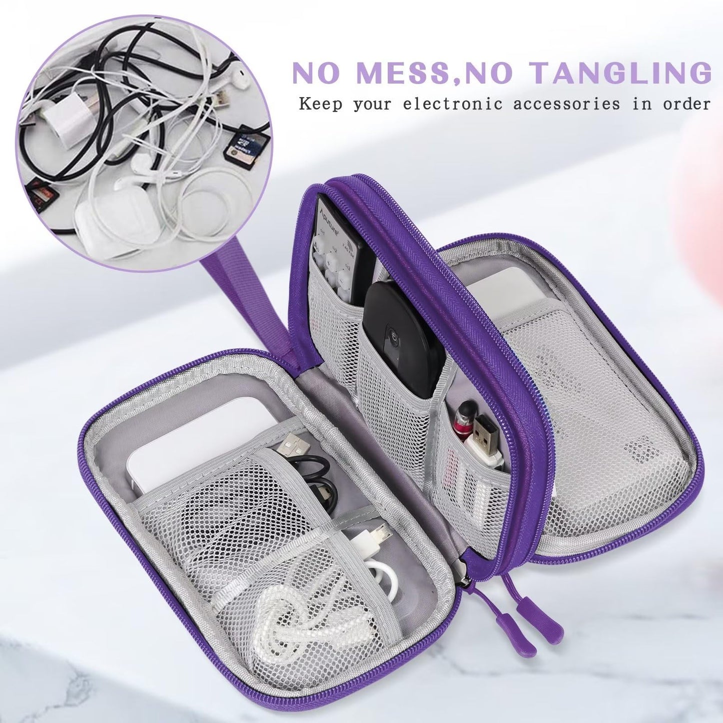 FYY Electronic Organizer, Travel Cable Organizer Bag Pouch Electronic Accessories Carry Case Portable Waterproof Double Layers Storage Bag for Cable, Charger, Phone, Earphone, Medium Size- Purple