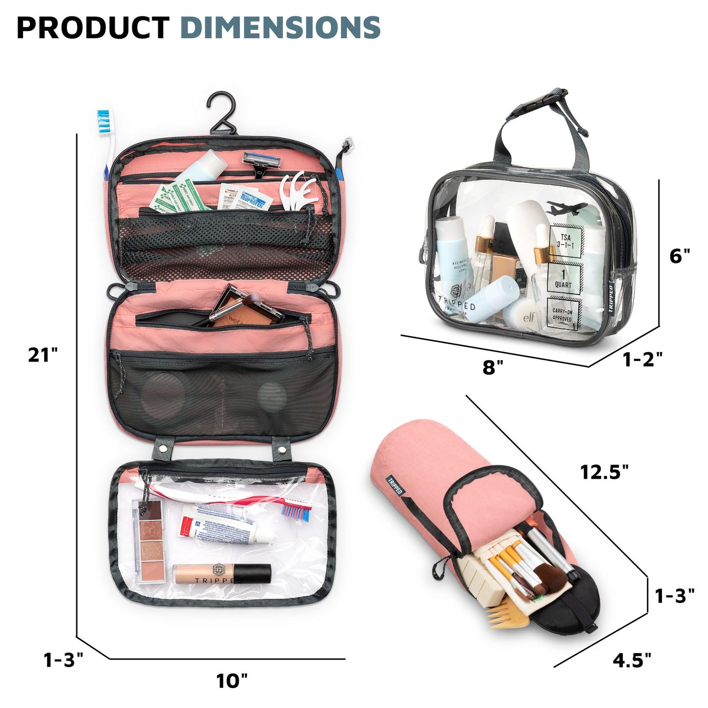 Versatile Travel Toiletry Bag Set with TSA Liquid Bag and Organizer (Dusty Rose)