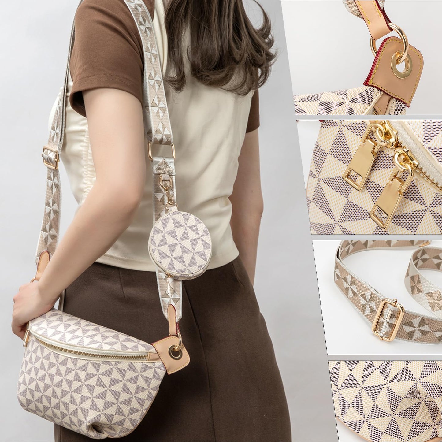 Trendy Beige Checkered Crossbody Sling Bag with Adjustable Strap