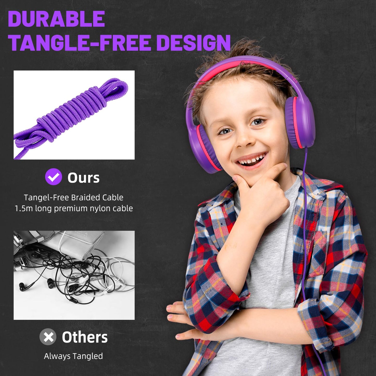 UKELALA U2 Wired Headphones for Kids Girls for School | Lightweight Folable Youth Headphones for Airplane Travel Classroom | Compatible with PC Laptop Tablet for Adults Student Children Purple