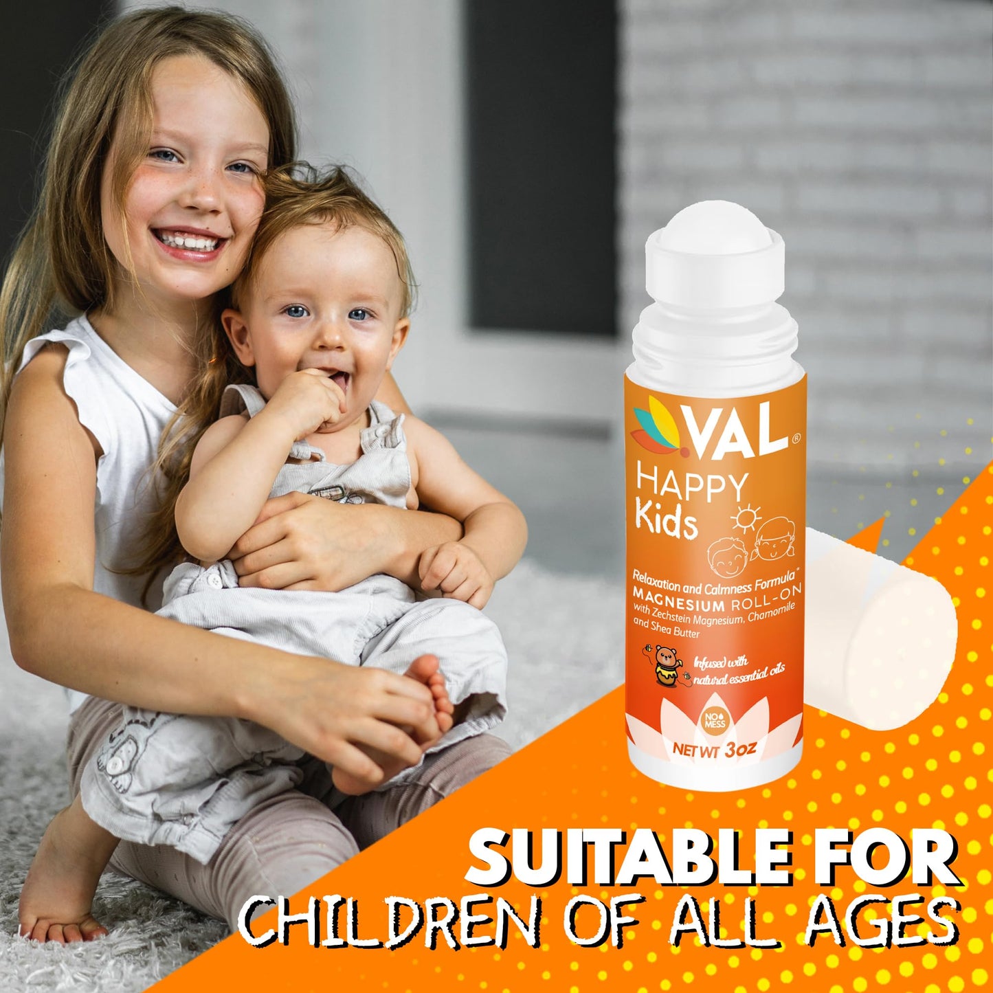 VAL Magnesium Roll-On for Kids | Gentle Zechstein Magnesium Chloride | Relaxation for Daytime & Bedtime | Calm & Mood Support | with Chamomile, Shea Butter & Essential Oils | USA Made | 3oz