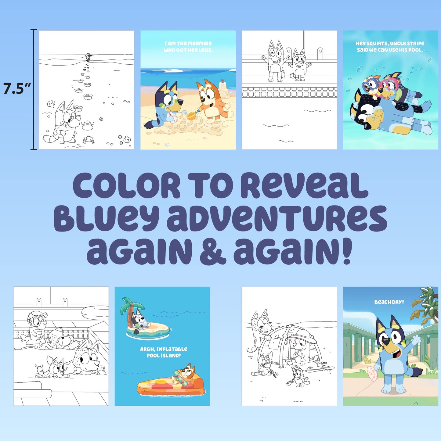 Horizon Group USA Bluey Aqua Art - Reusable Water Reveal Activity Pages With Water Pen for No-Mess Drawing and Coloring