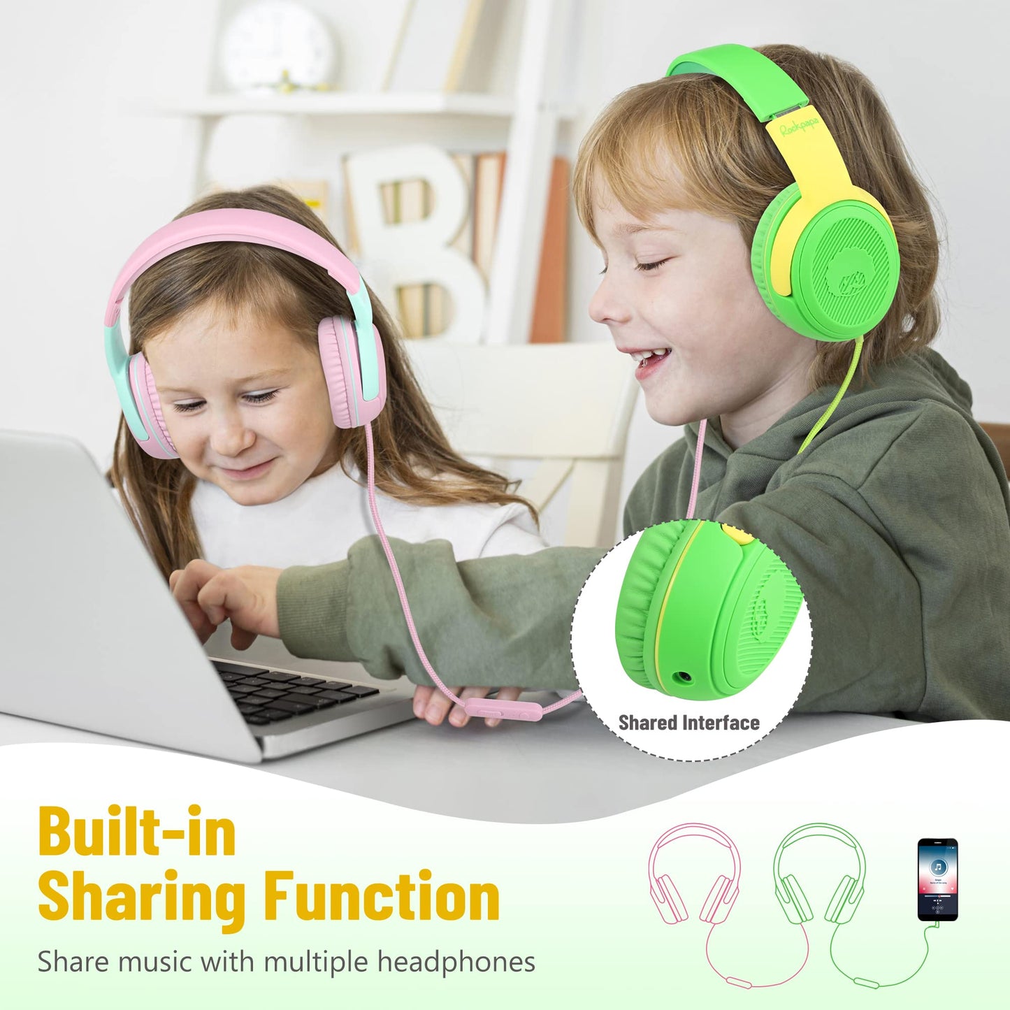 rockpapa Share 1 Kids Headphones Wired with Microphone & Share Port, 85dB/94dB Volume Limited, Cute Foldable Student Child Boys Girls Headphones for School/Classroom/Travel Green/Yellow