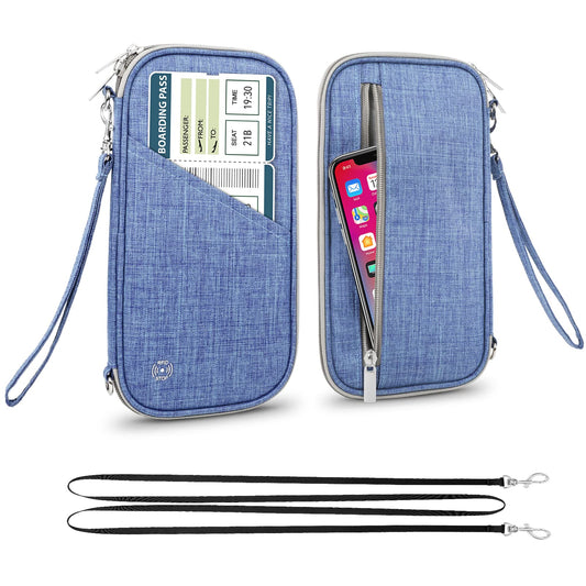 Travel Passport Wallet with RFID Shielding, Crossbody Strap and Wristlet Strap (Blue)