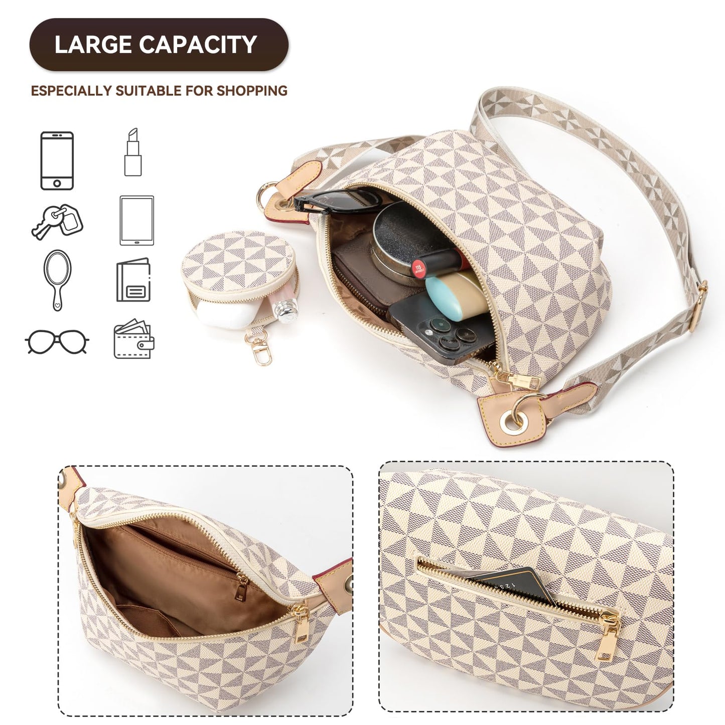 Trendy Beige Checkered Crossbody Sling Bag with Adjustable Strap