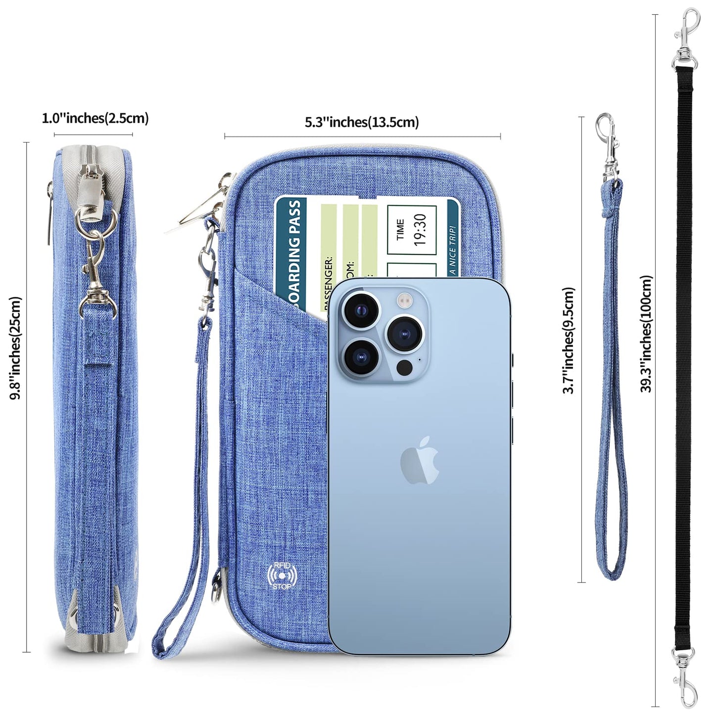 Travel Passport Wallet with RFID Shielding, Crossbody Strap and Wristlet Strap (Blue)