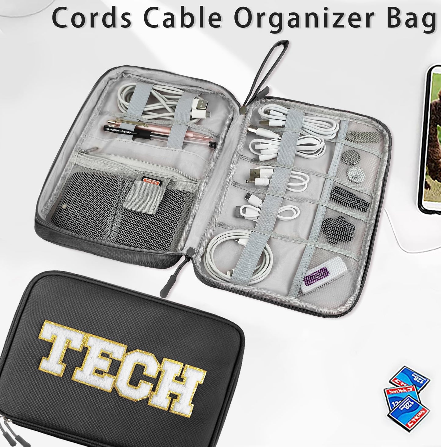 COSHAYSOO Electronics Bag TECH Case Cable Cords Organizer Travel Essentials for Women College Teen Girls Vacation Dorm Accessories Preppy Personalized Gift (Large Black)