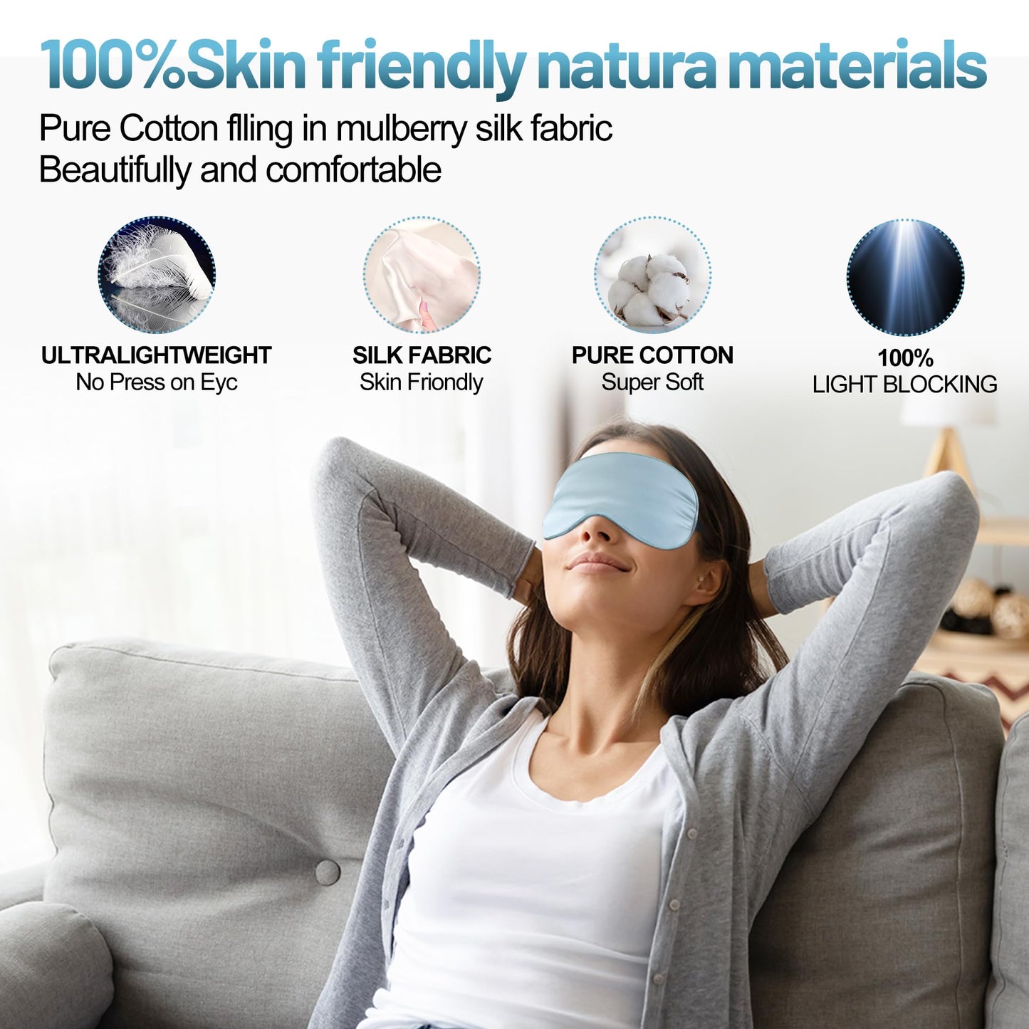 Sleep Mask, Silk Eye Mask for Sleeping with Adjustable Strap, Blindfold Eyeshade for Men & Women, Comfortable & Soft Eye Cover Eyeshade for Night Sleep (Light Blue)