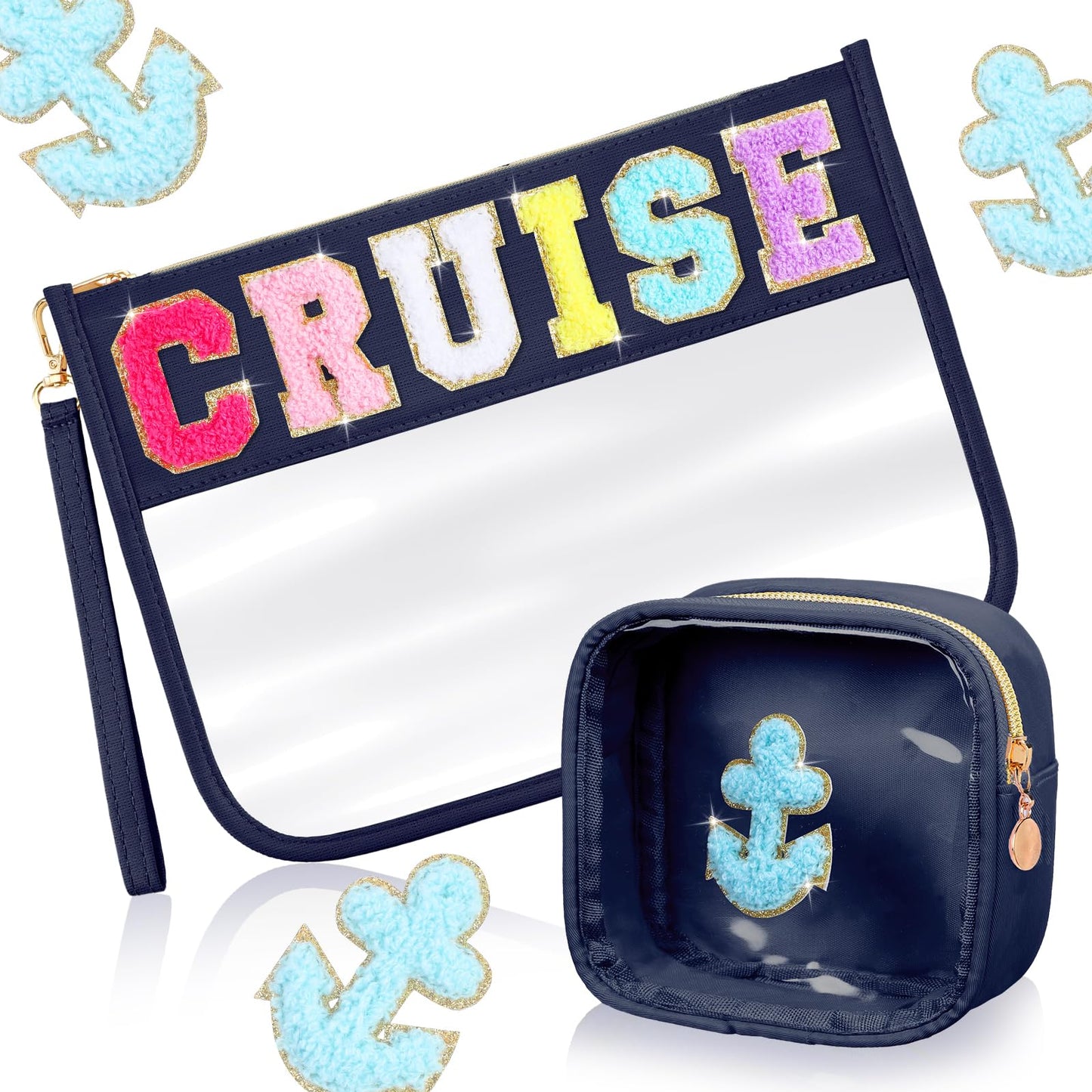 Hillban 2 Pcs Cruise Gifts Chenille Letter Bags Nautical Anchor Makeup Cosmetic Bag Sunscreen Clear Toiletry Travel Pouch Waterproof Purse Sailboat Cruise Survival Kit Bag Portable Storage Organizer