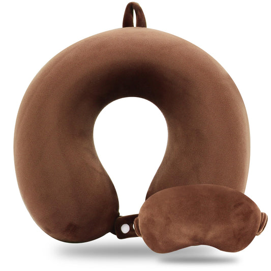 Sexysamba Pure Memory Foam Travel Pillow Set for Adults - Comfortable & Removable Machine Washable Cover, Neck Support Pillow Airplane Travel Kit with Eye Mask for Portable Plane Accessories - Brown