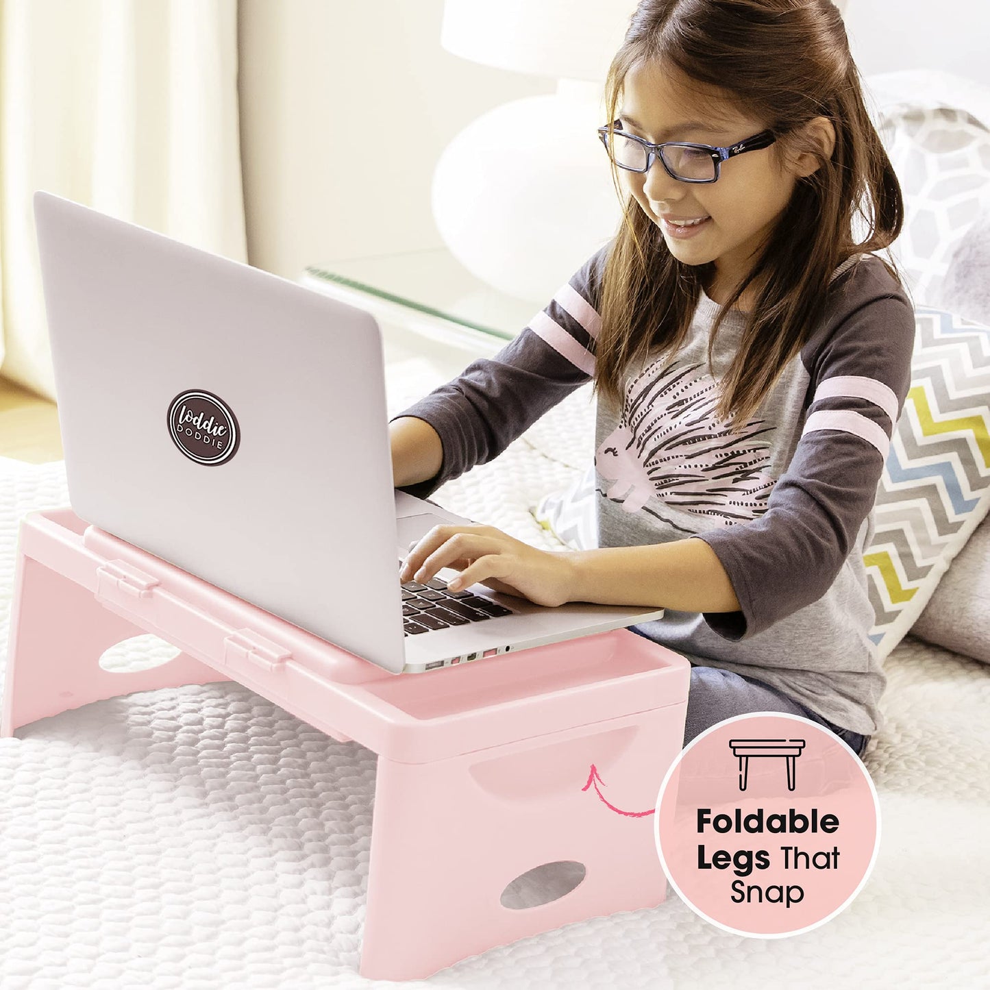 Loddie Doddie Foldable Lap Desk with Storage Pocket - Blush Portable Lap Table/Tray for Laptops, Crafts, Travel, Breakfast in Bed, Gaming, Kids & Teens - Floor Desk for Kids