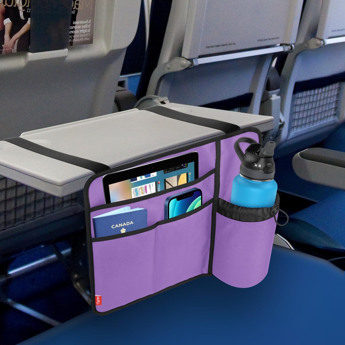 Airplane Seat Back Organizer with Hygienic Tray Table Cover (Purple)