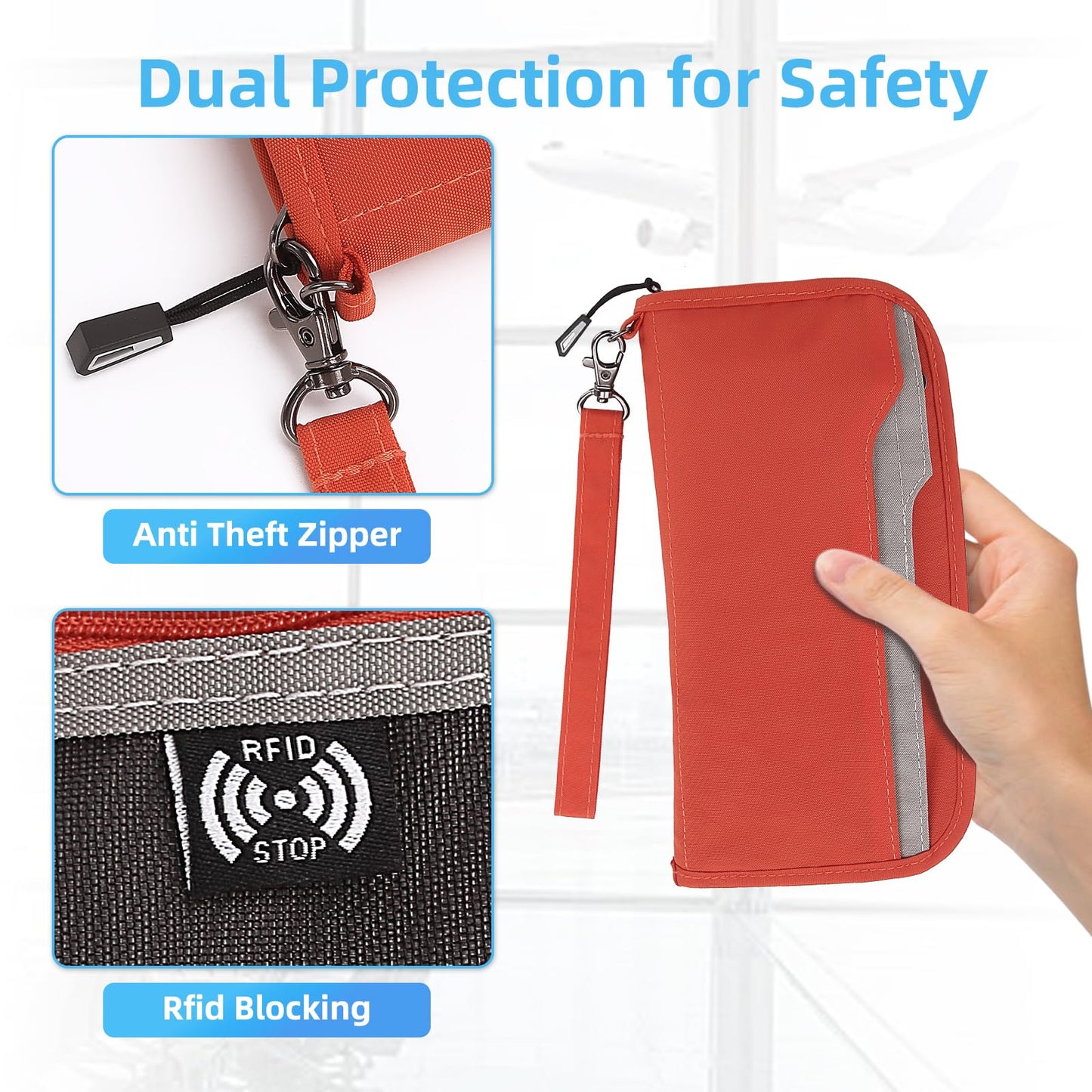 ZOPPEN Passport Holder Family Women/Men, Travel Wallet RFID Passport Wallet Travel Essentials Documents Organizer Zipper Case with Removable Wristlet Strap, Orange