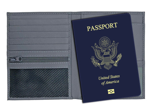 Leather RFID-Shielding Passport Holder and Wallet (Grey)