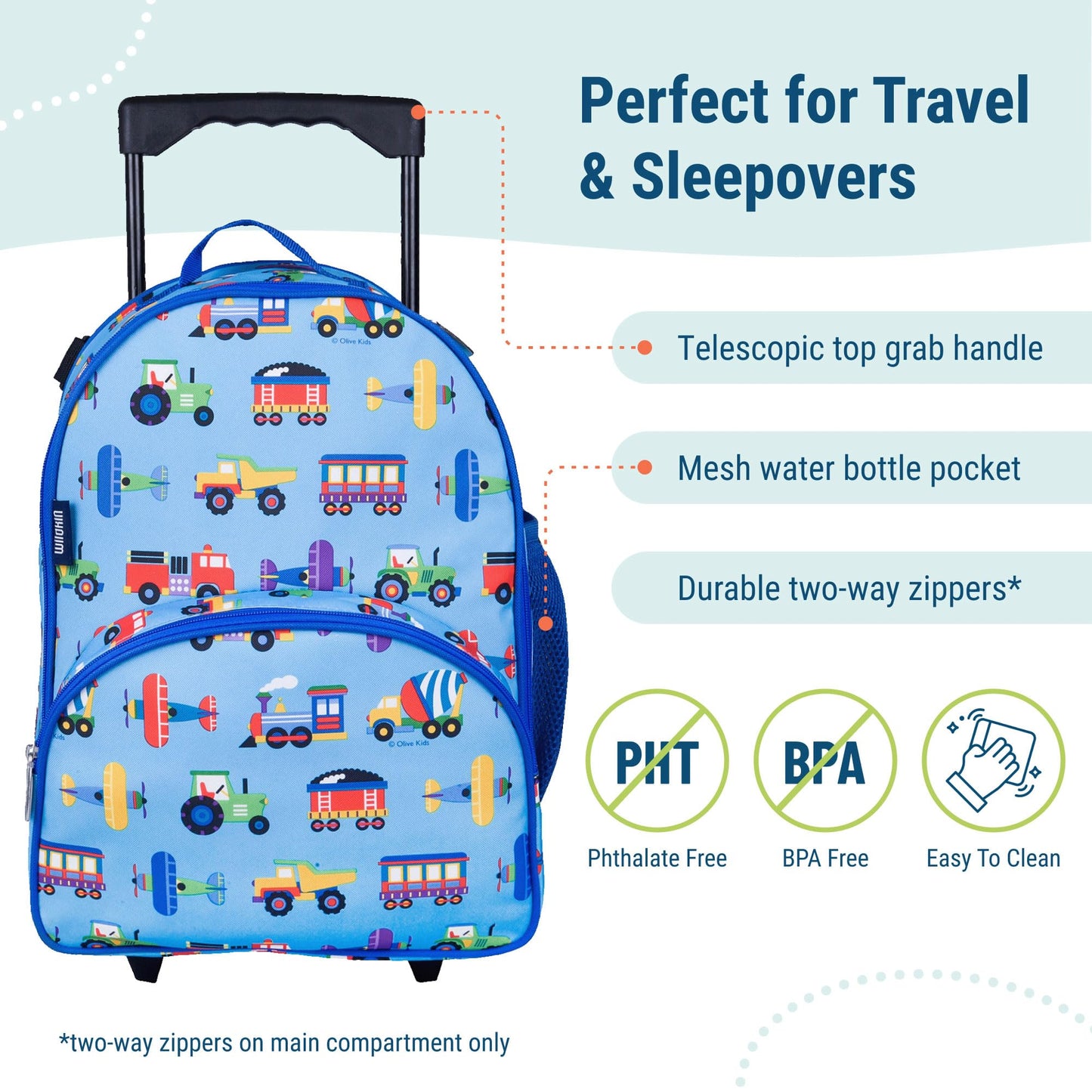 Wildkin Kids Roller Bag for Boys and Girls, Carry on Luggage Size is Perfect for School and Overnight Travel, Measures 16 x 12 x 6 Inches (Trains, Planes, and Trucks)