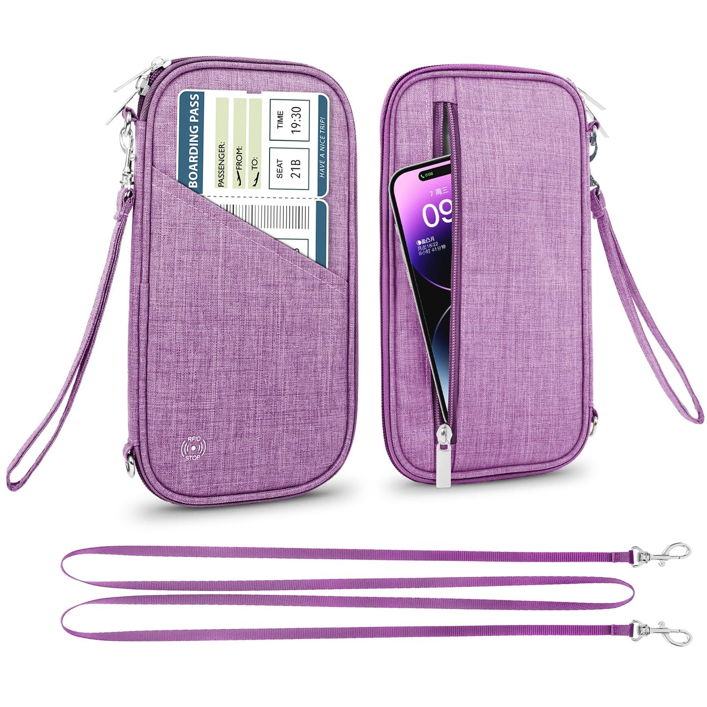 Passport Wallet- Passport Holder RFID travel wallet, for Family and Women & Men, Travel Document Organizer with Removable Wristlet Crossbody Strap (Purple)